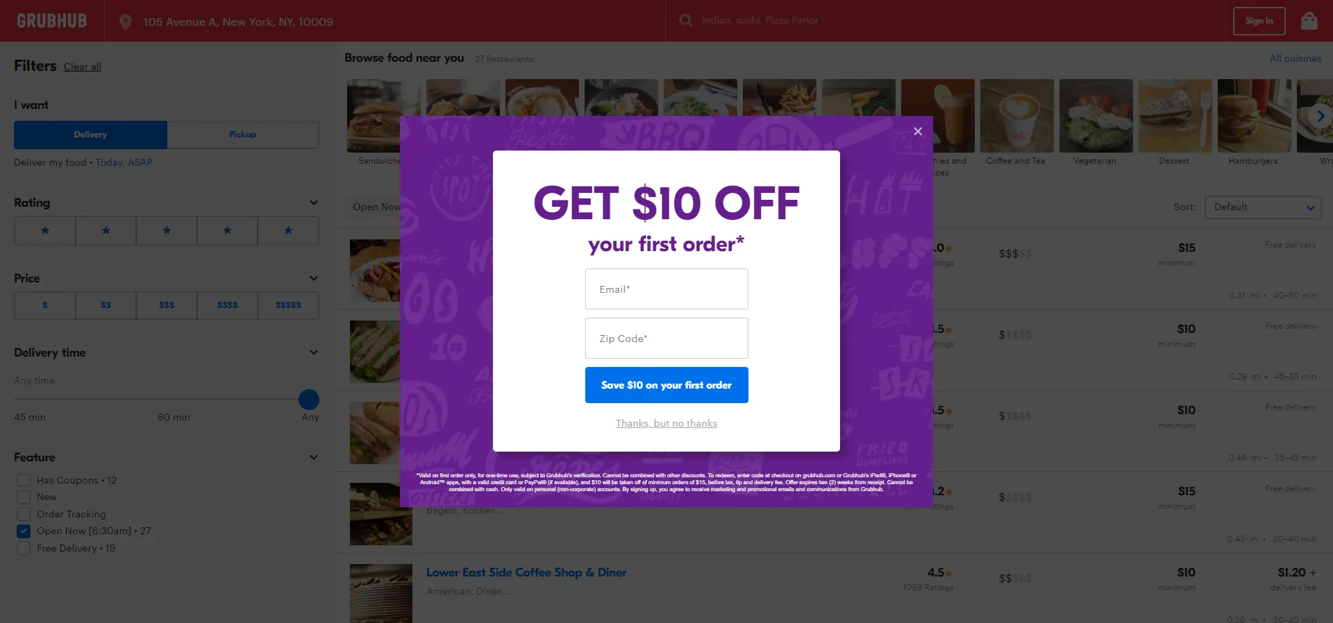 An-email-popup-on-Grubhub