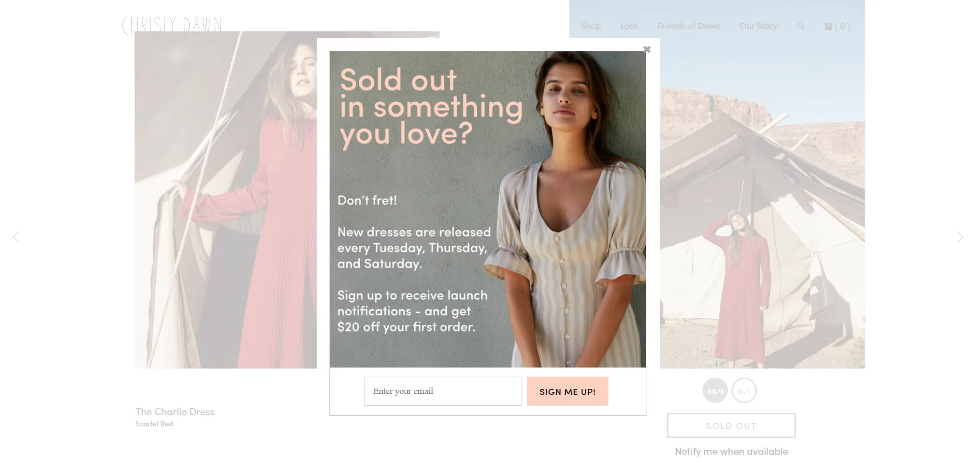 A popup displayed on sold out product pages on Christydawn