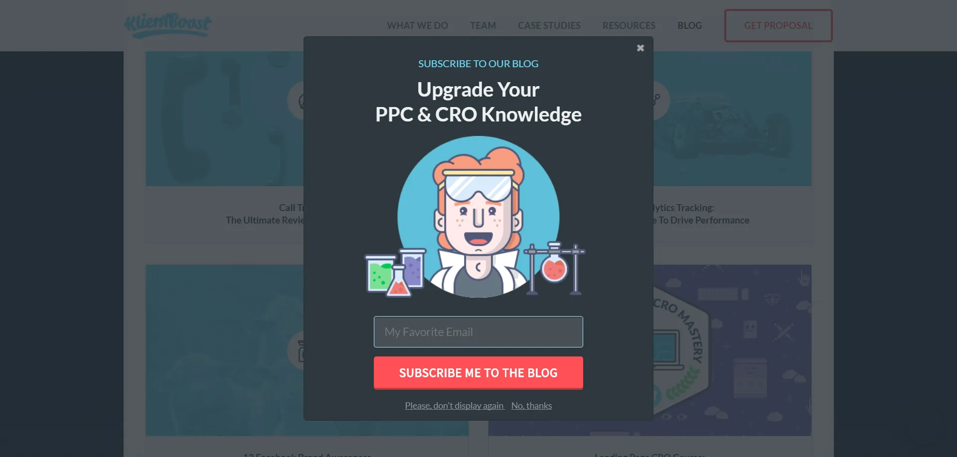 Klientboost's email pop up inviting visitors to upgrade their knowledge of PPC