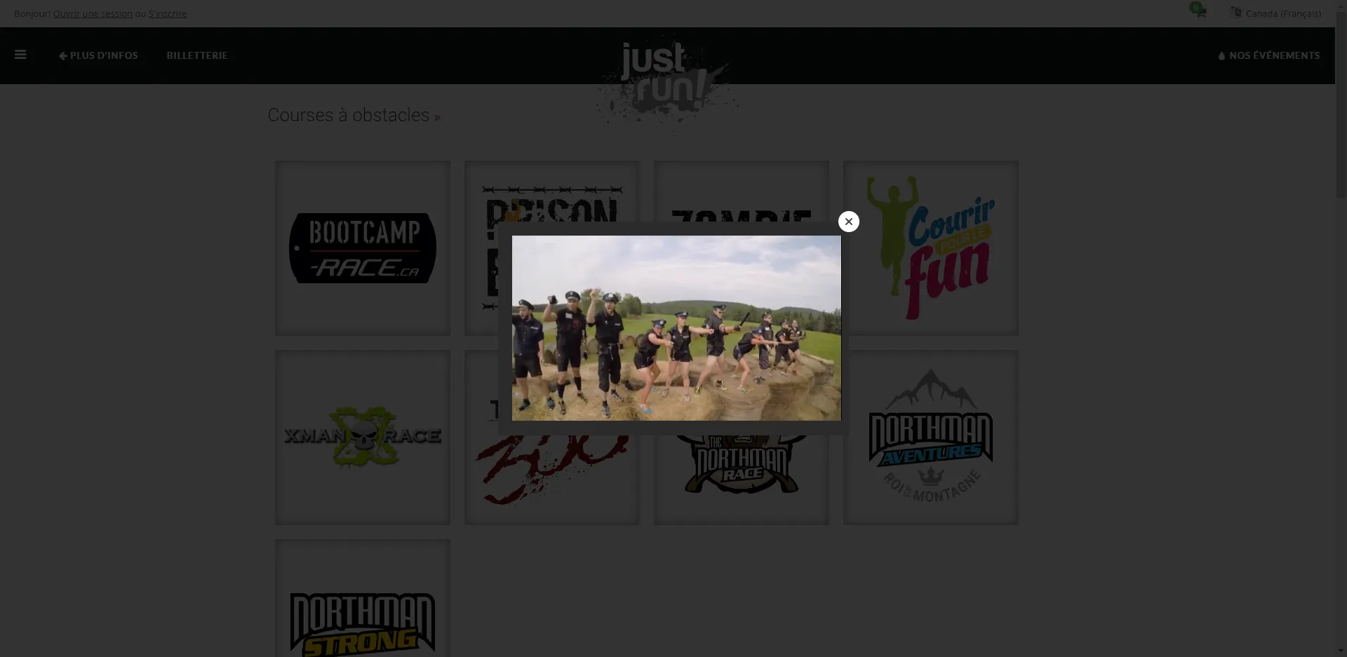 Justrun.ca's video pop-up featuring a large closing X