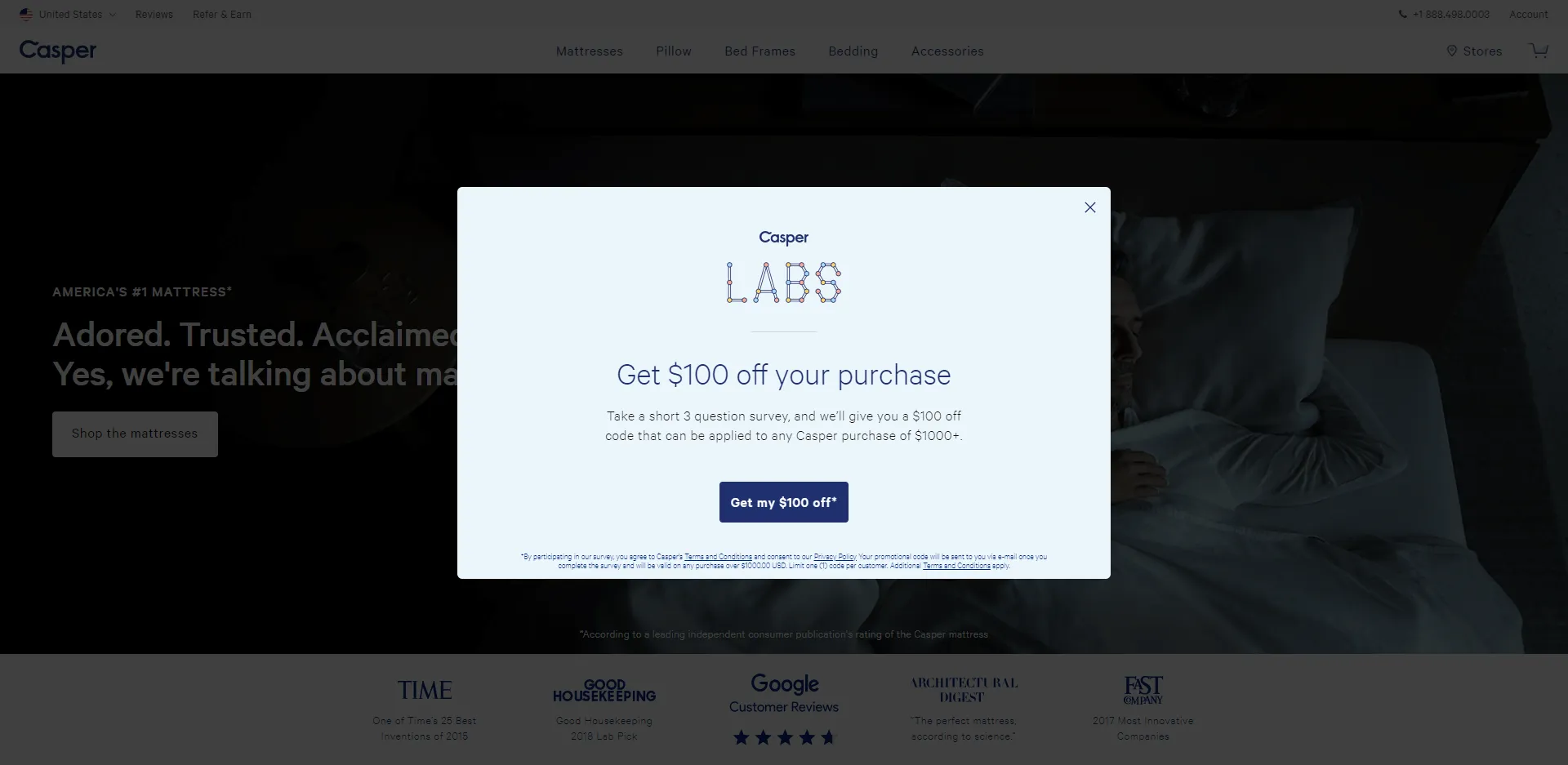 A survey pop-up on Casper.com