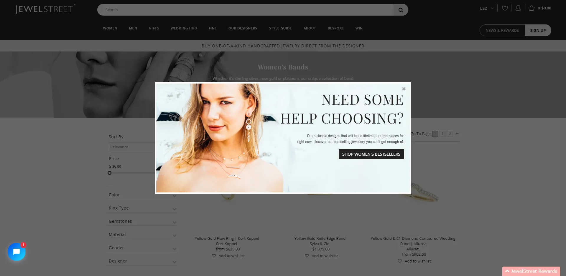 An exit popup displayed on the Women’s category page