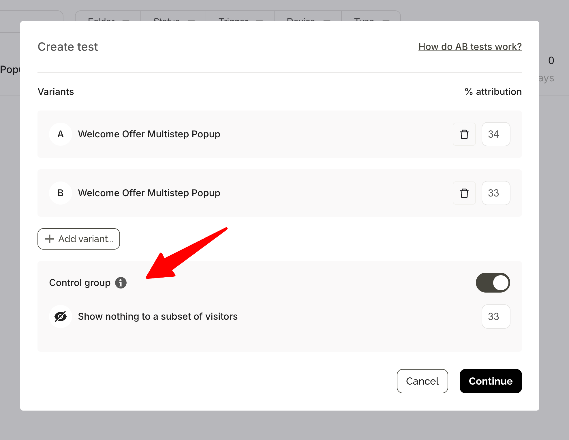 control group in popup ab tests