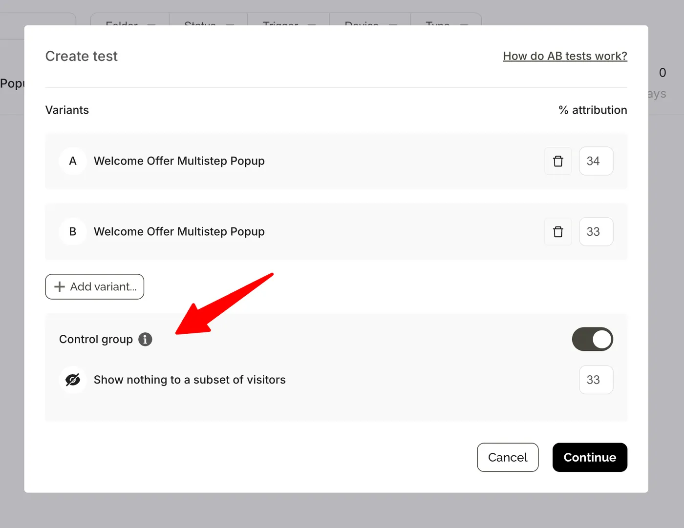 Control group setting in a Wisepops A/B test