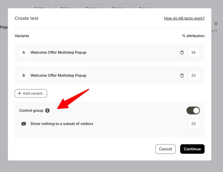 Control group in a Wisepops A/B test