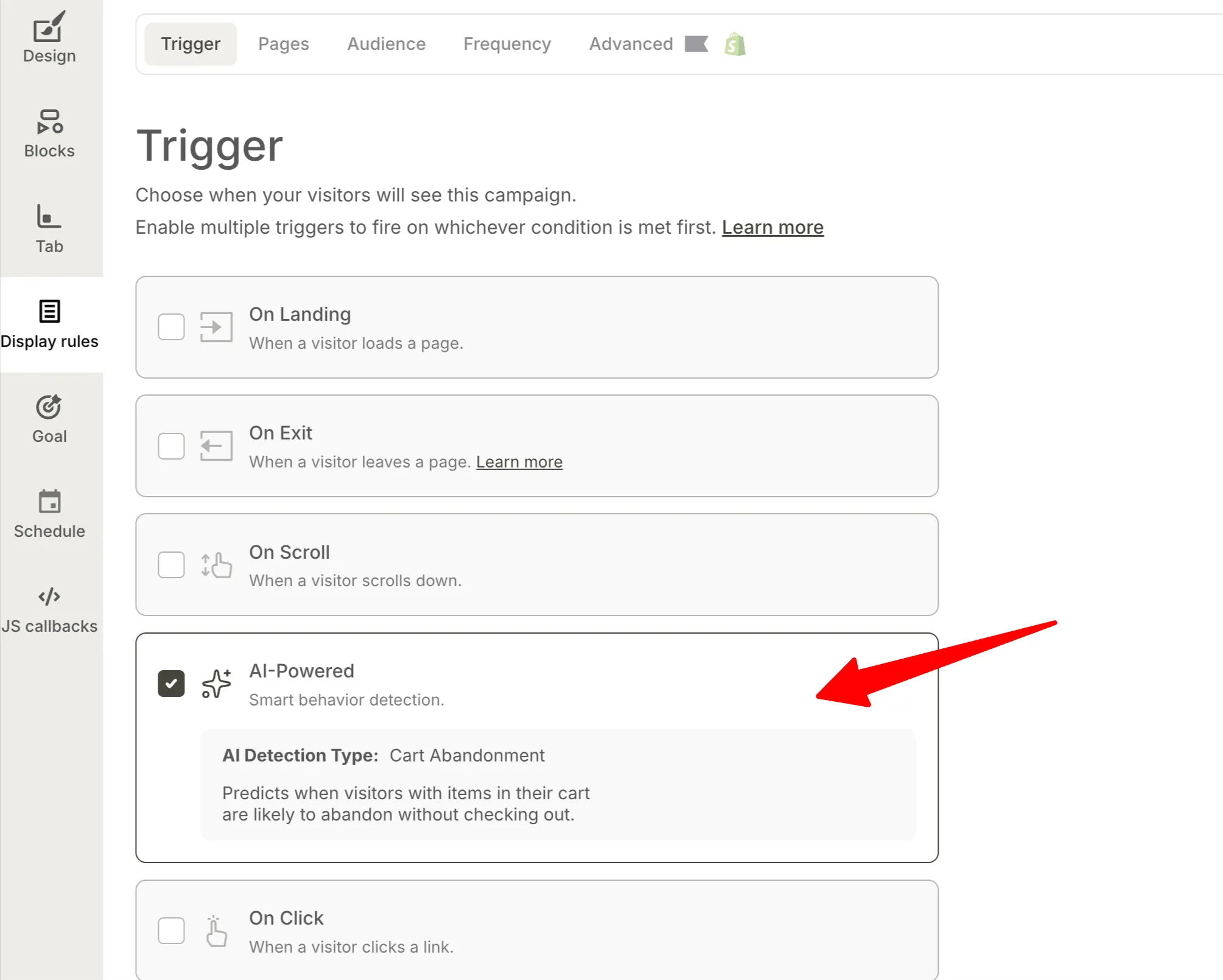 Wisepops AI cart recovery targeting settings