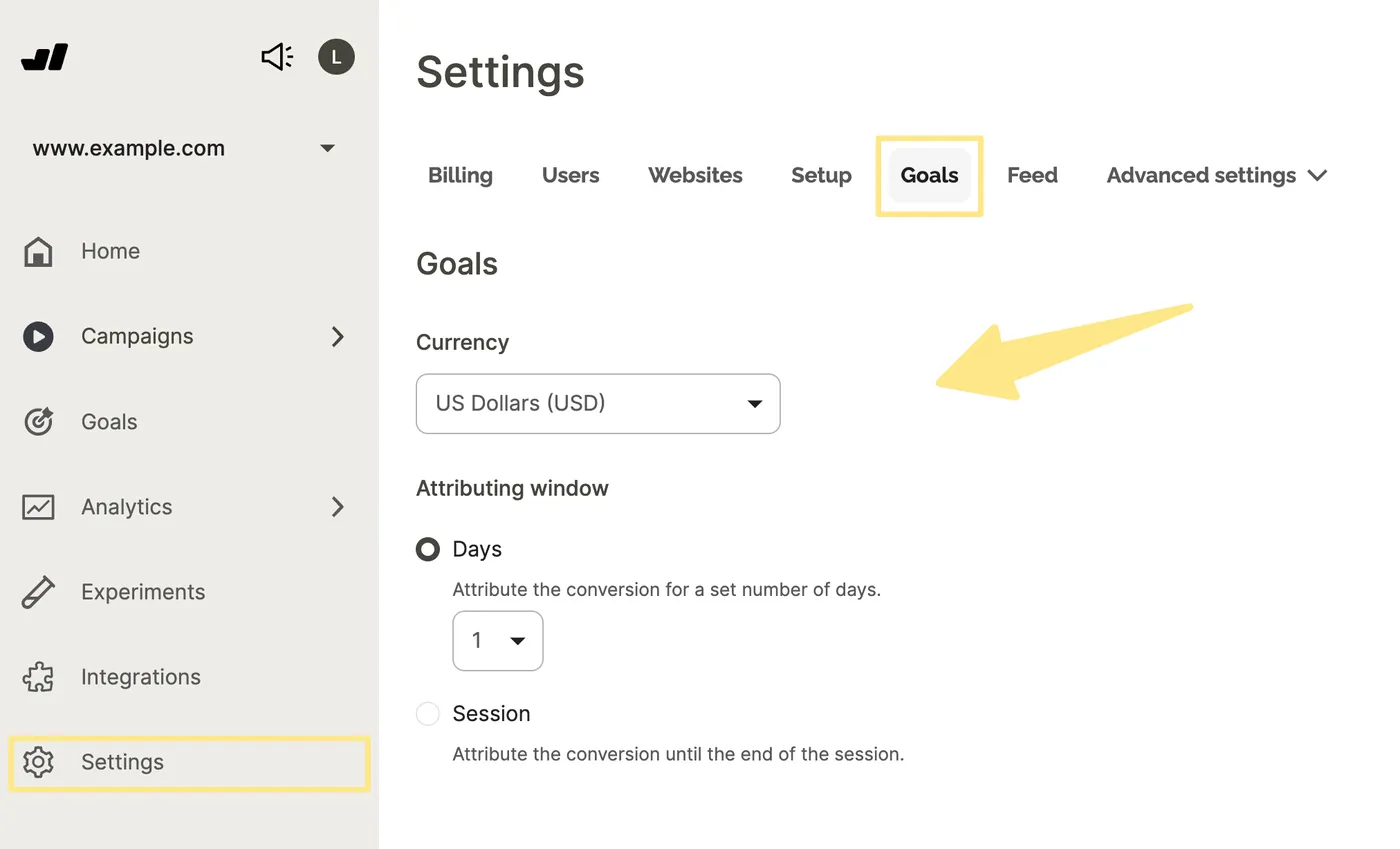 Goal configuration in Wisepops settings