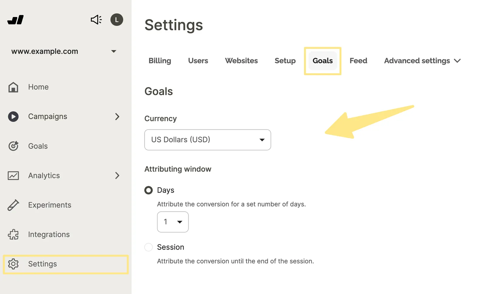 Goal configuration in Wisepops settings