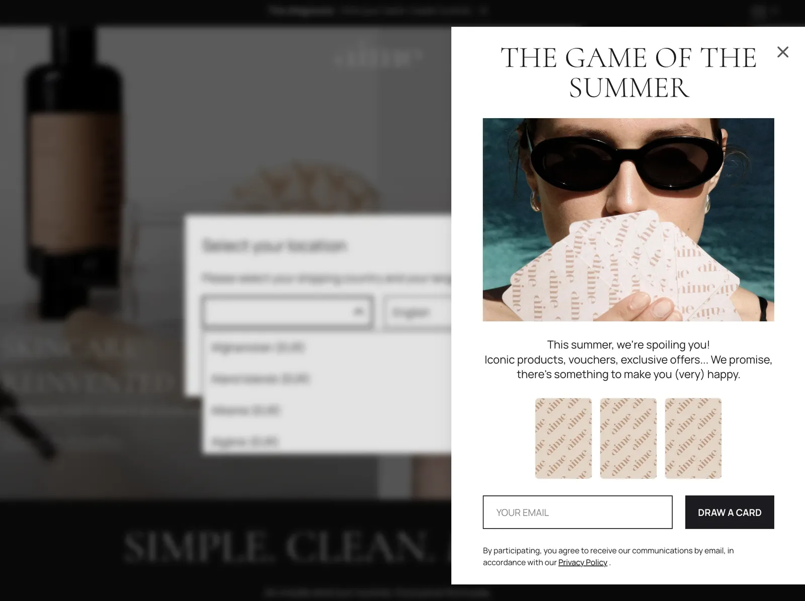 Aime pick a card gamified popup with an email field