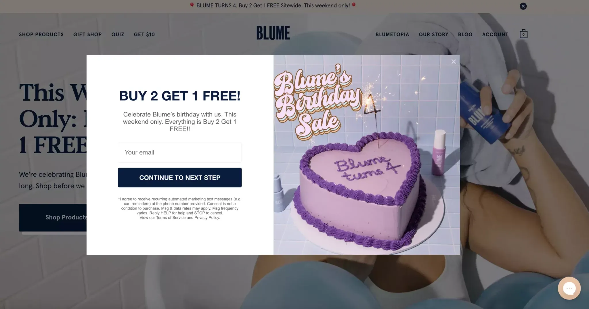 buy 2 get 1 free sales popup example from Blume