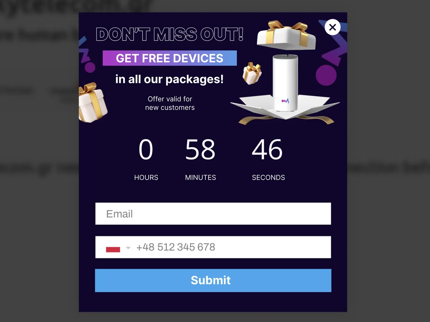 Skytelecom countdown popup offering free equipment to new subscribers