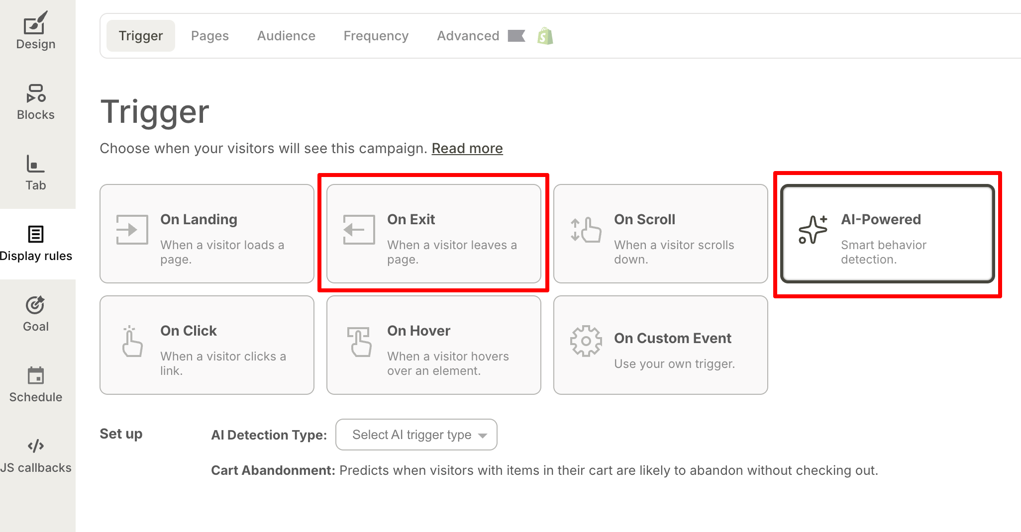 exit and ai cart recovery targeting settings