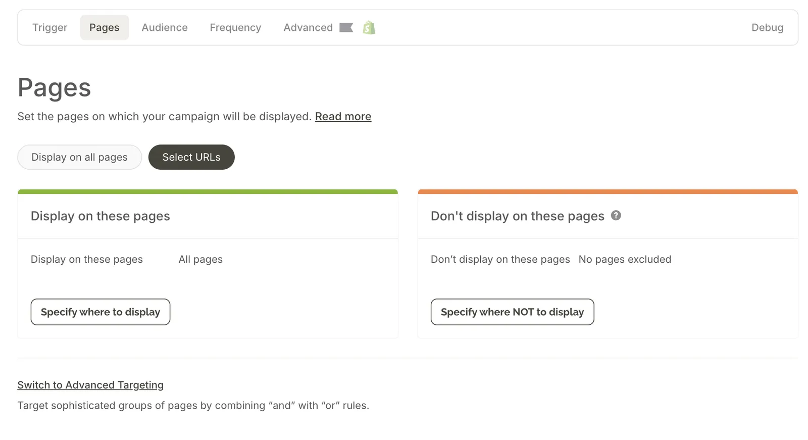 Page targeting rules limiting a campaign to specific product and cart URLs