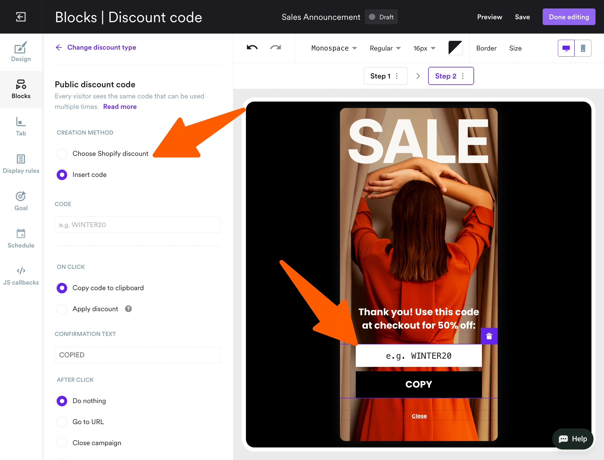 adding discount codes to popups