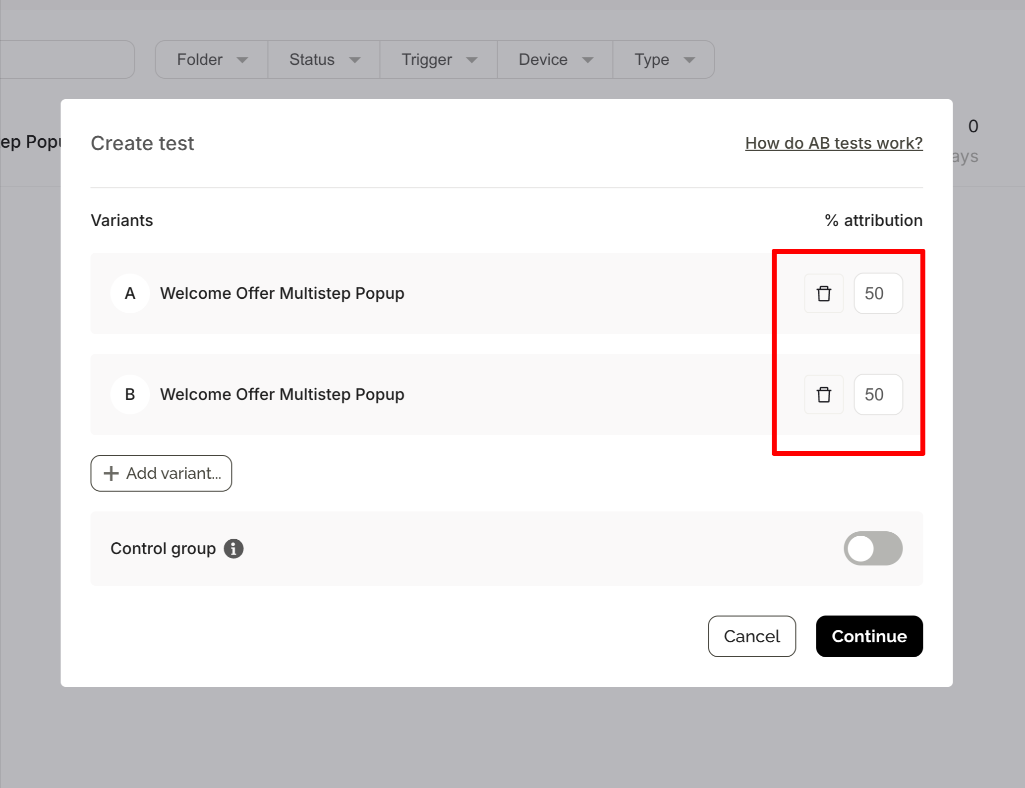 traffic allocation in popup ab tests