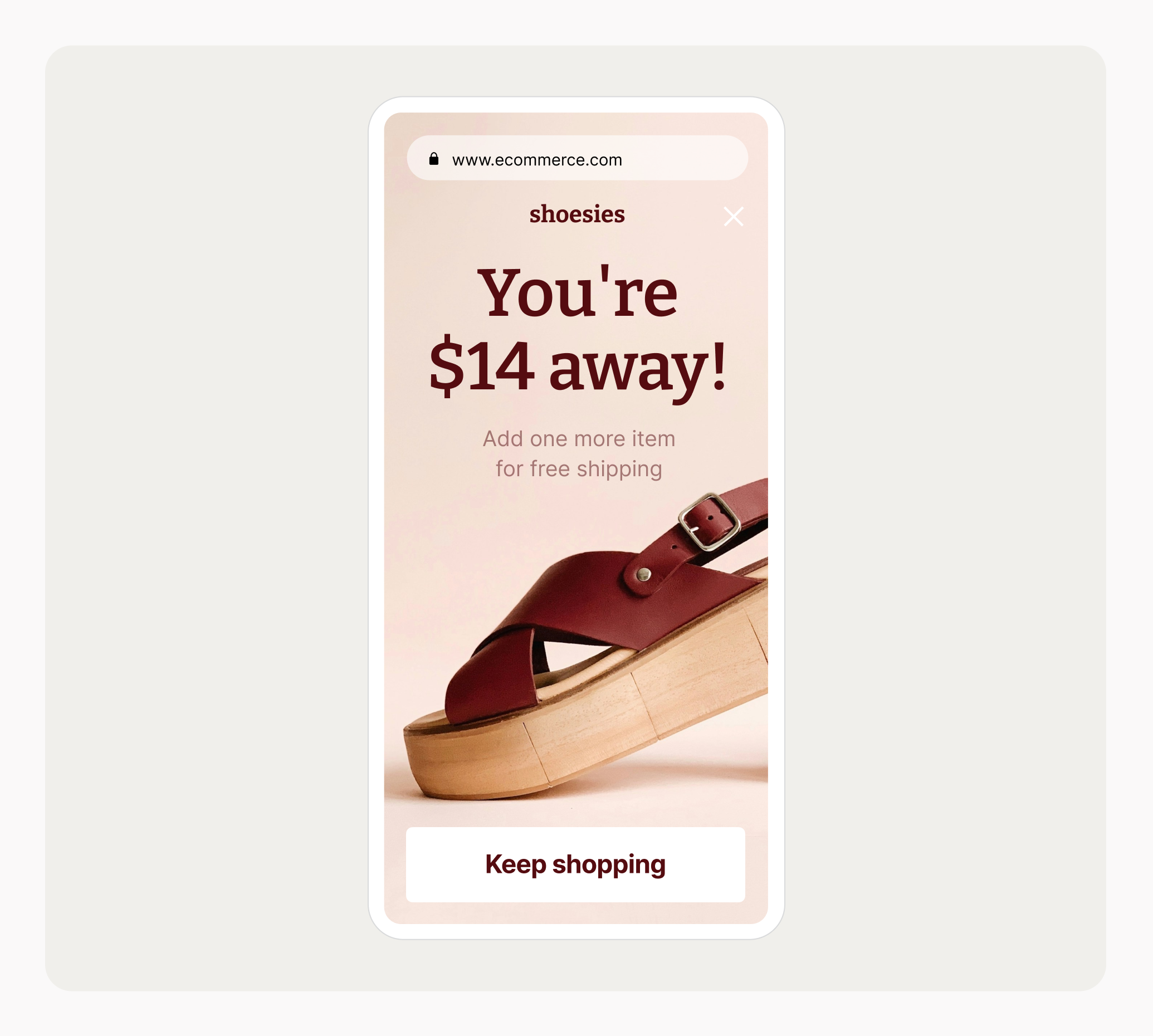 Mobile shopping screen showing red sandals and a message: "You're $14 away! Add one more item for free shipping." Button says "Keep shopping."