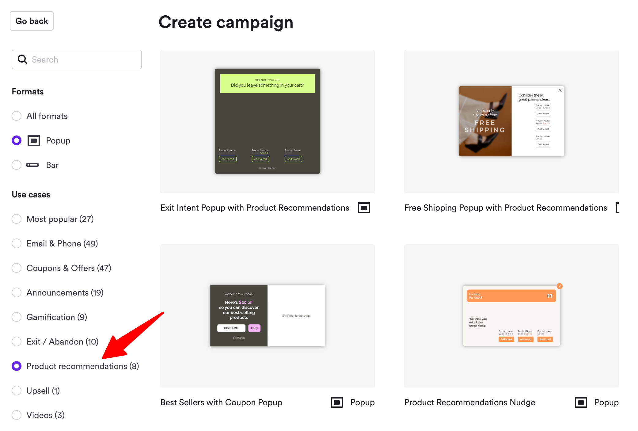 upsell popup template gallery