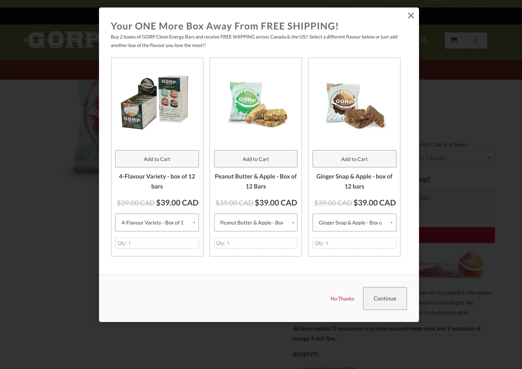 an upsell lightbox on gorpworld.com