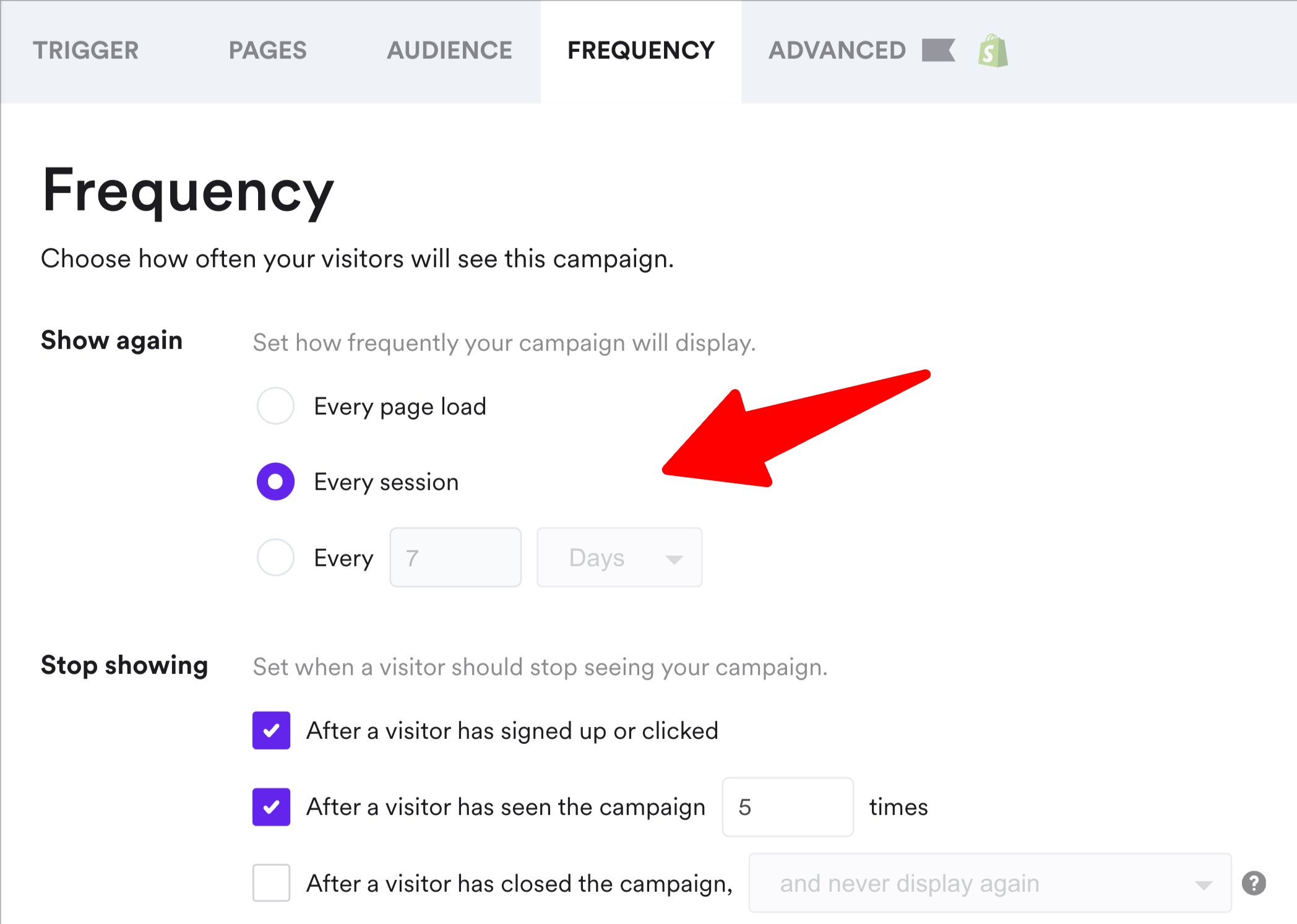 popup frequency settings