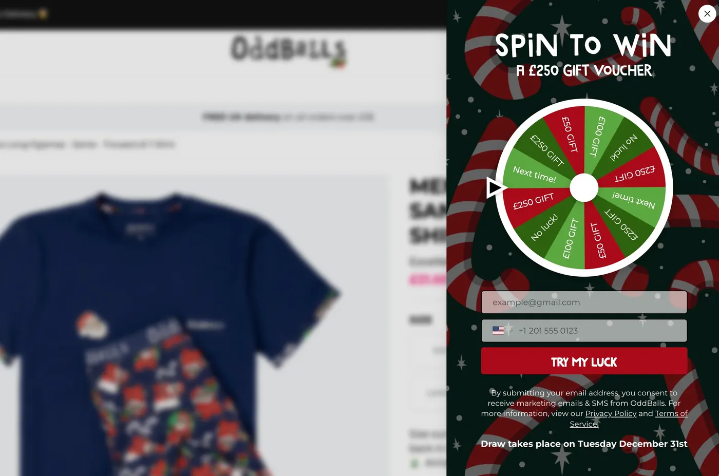 gamified popup with a prize wheel, email and phone number fields