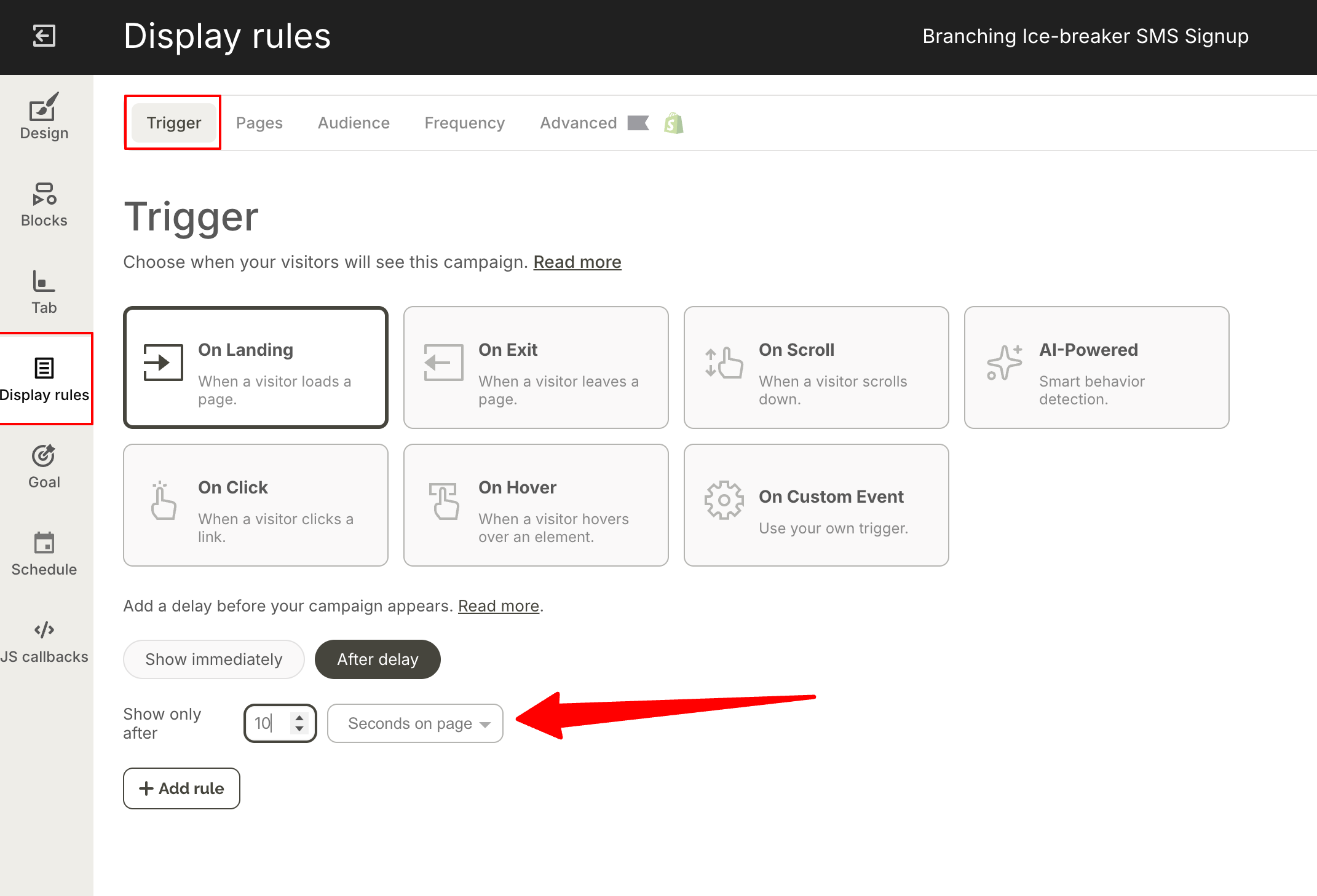 Screenshot of a display rules panel in a software interface showing various trigger options with an arrow pointing to "Seconds on page."