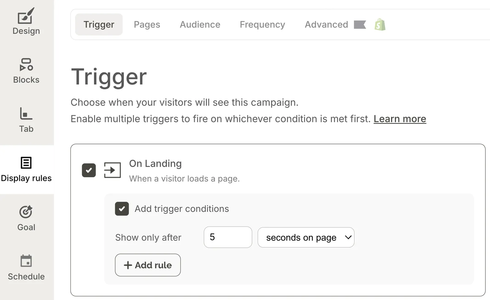 display rules and trigger settings for a gamified popup