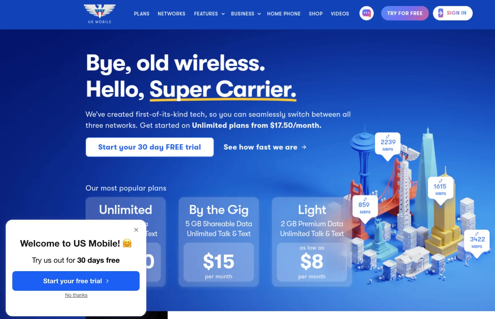 US Mobile free trial reminder popup on the homepage