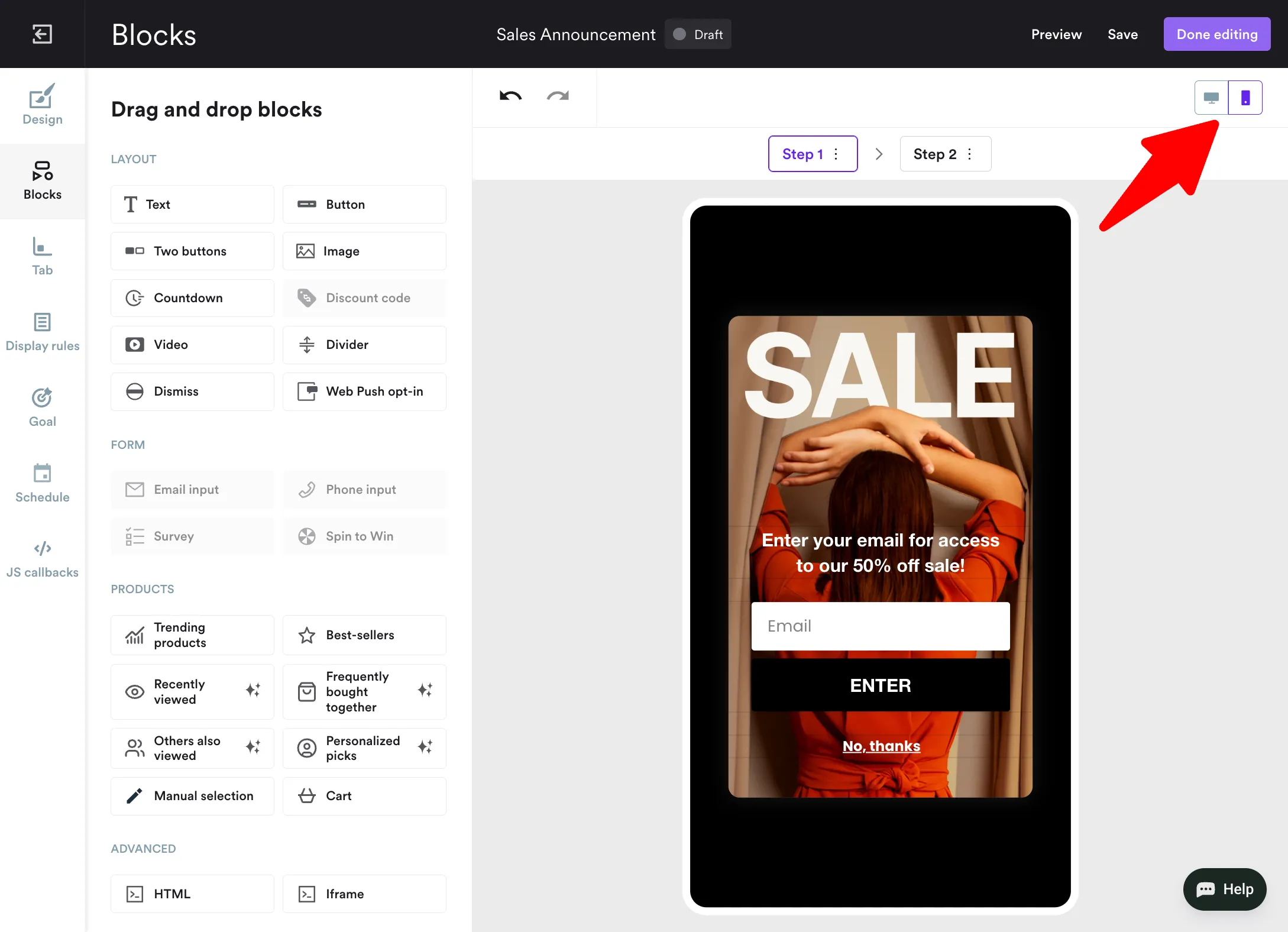 mobile popup preview