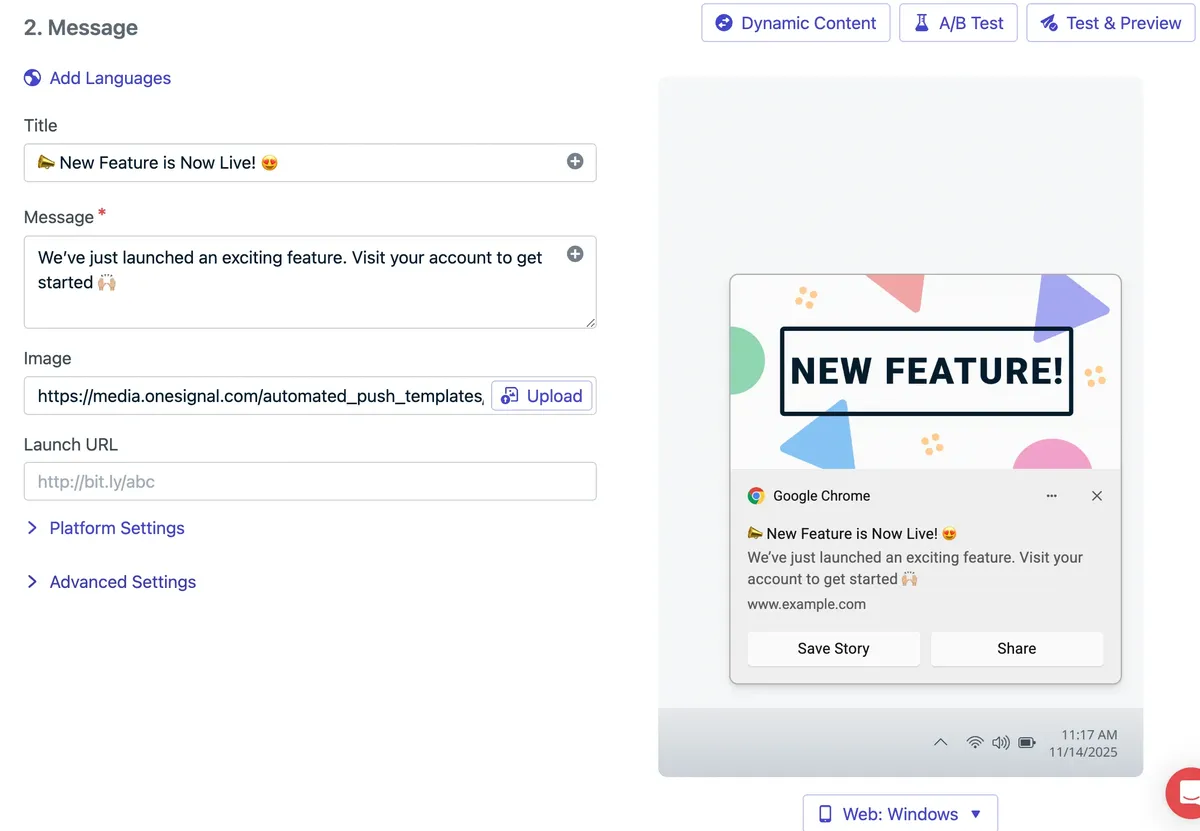 OneSignal campaign editor