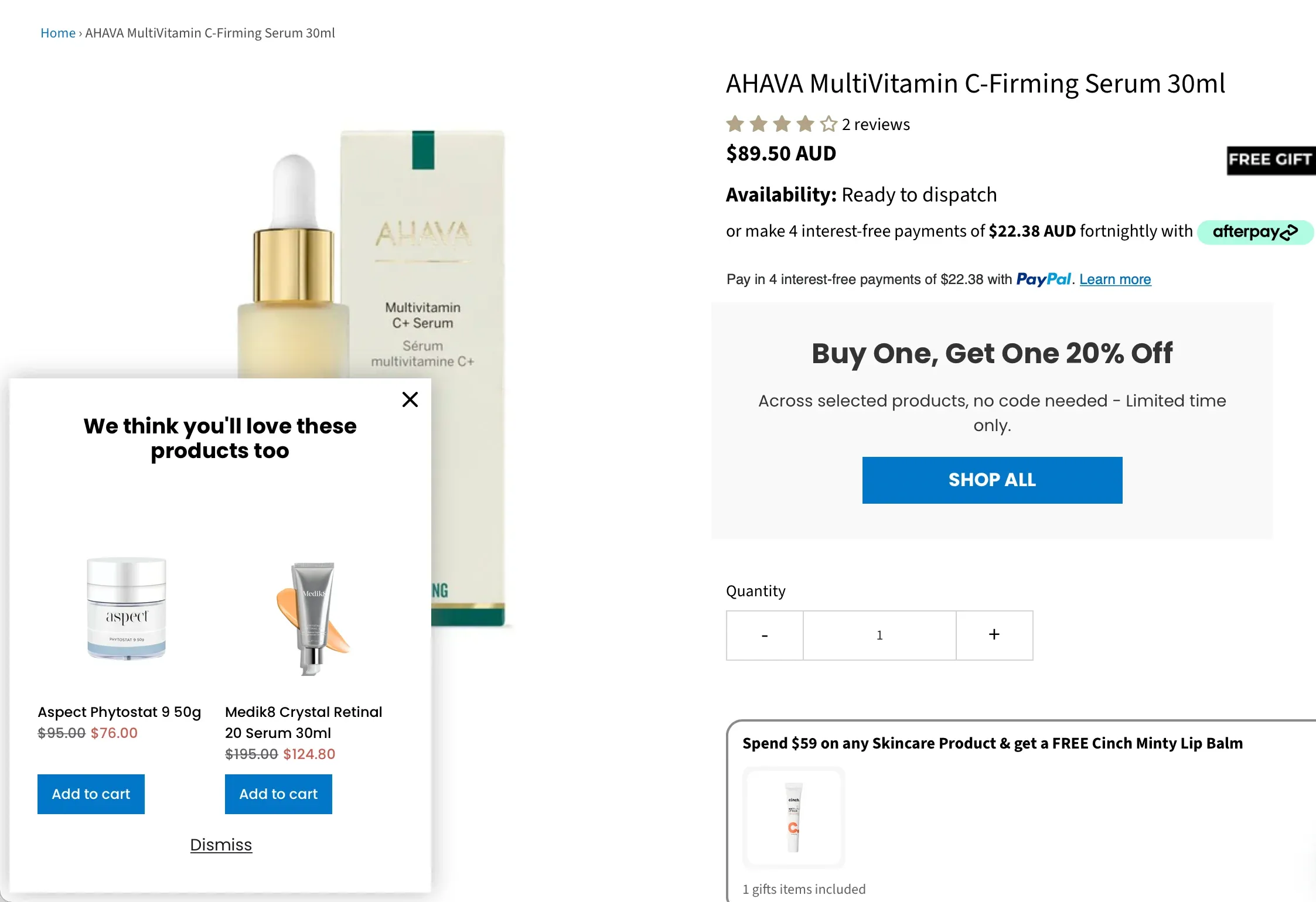 AI recommendations of complementary products shown on a product page