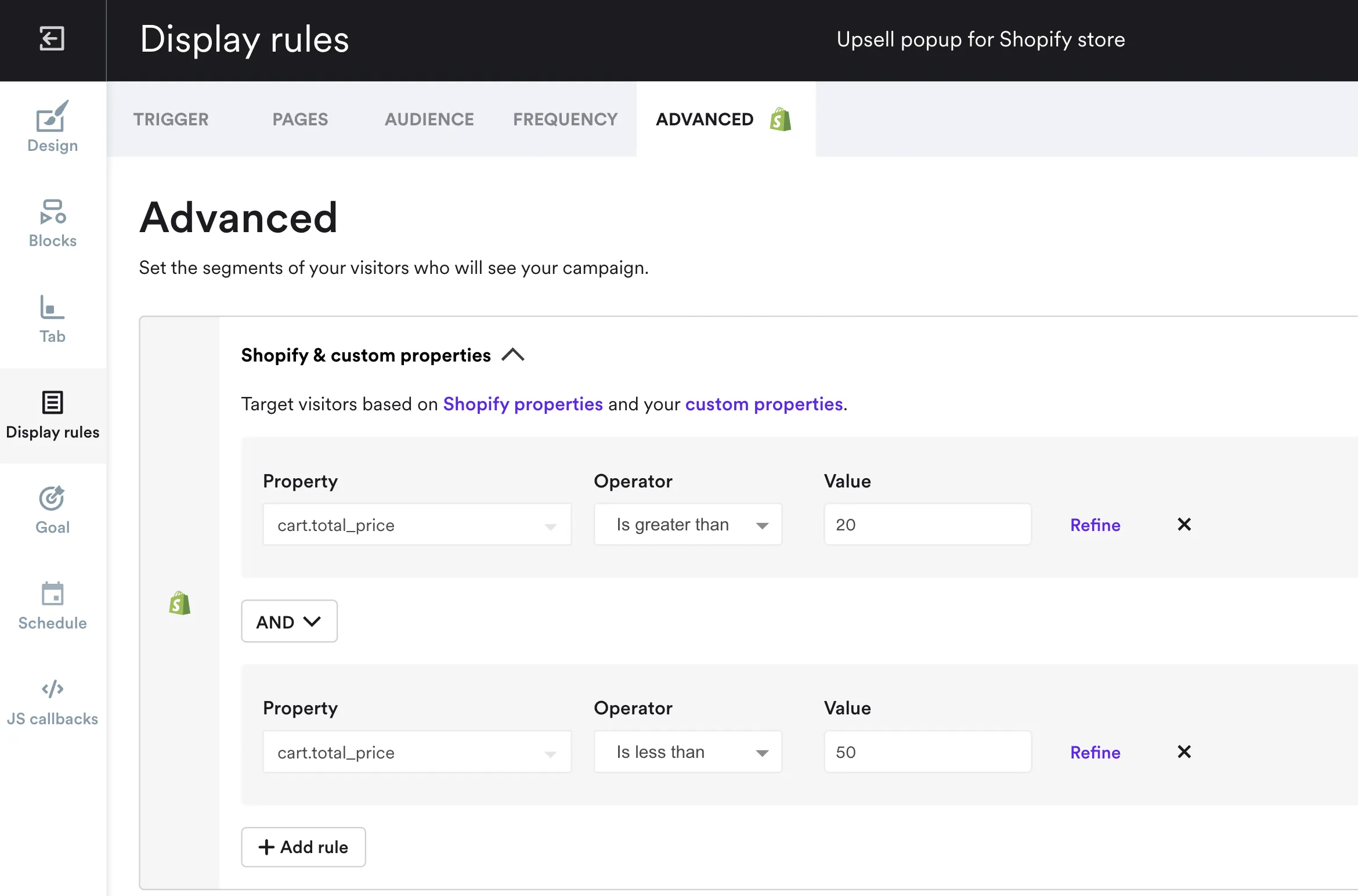 display rules for shopify upsell campaign