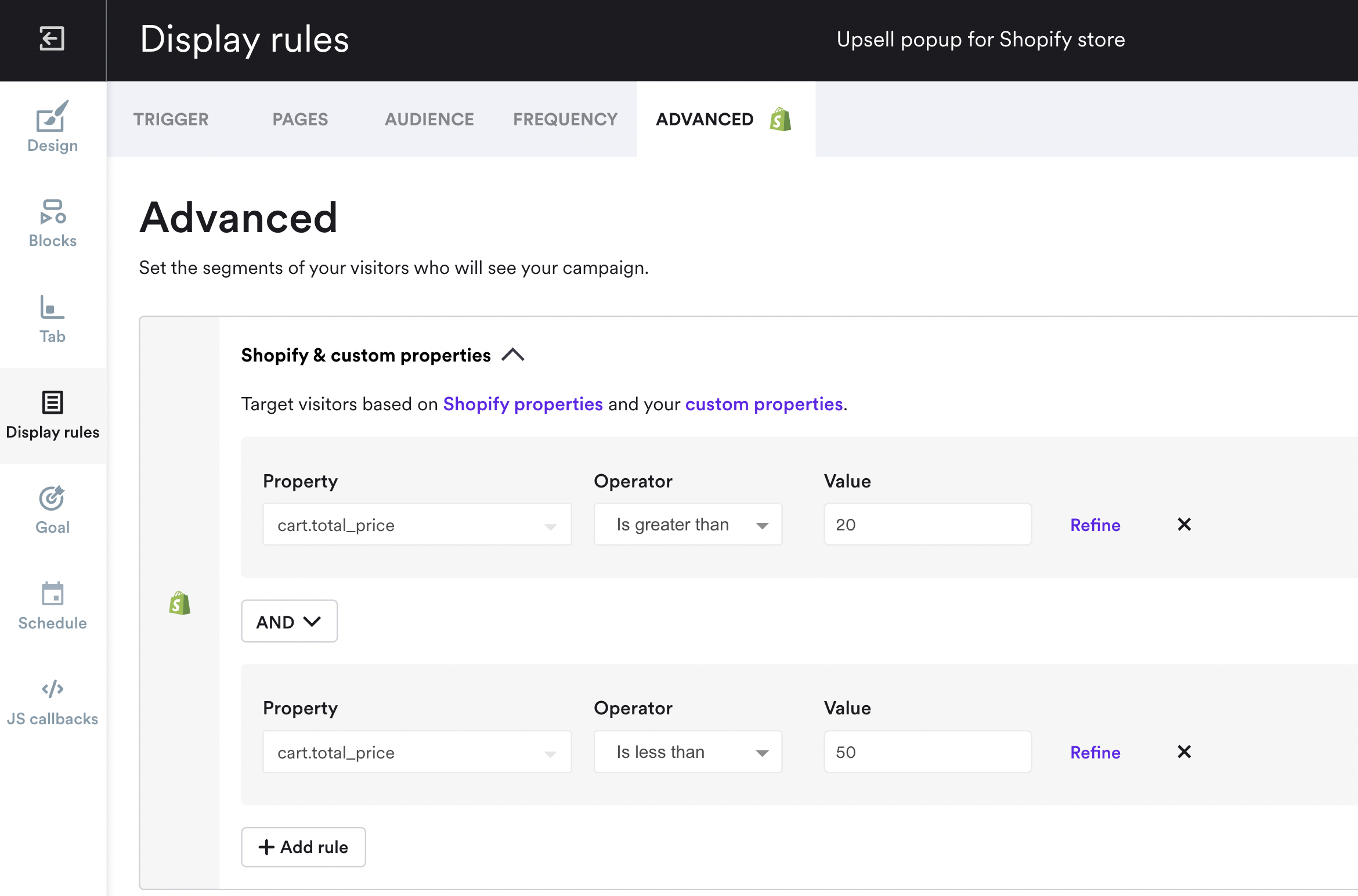 display rules for shopify upsell campaign