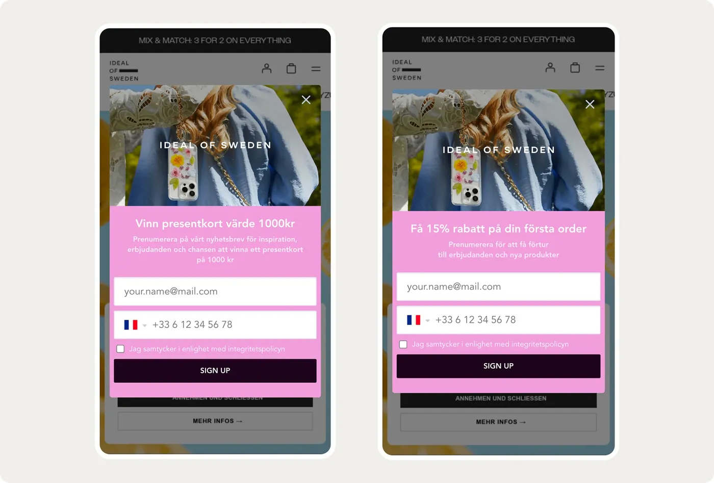 Ideal of Sweden discount capture campaign shown on mobile