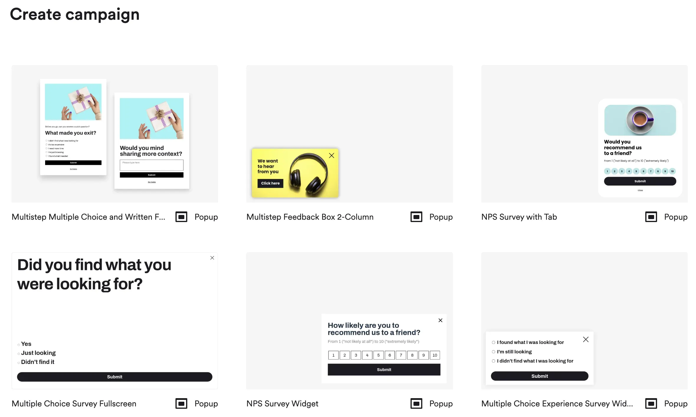 templates for surveys onsite in wisepops