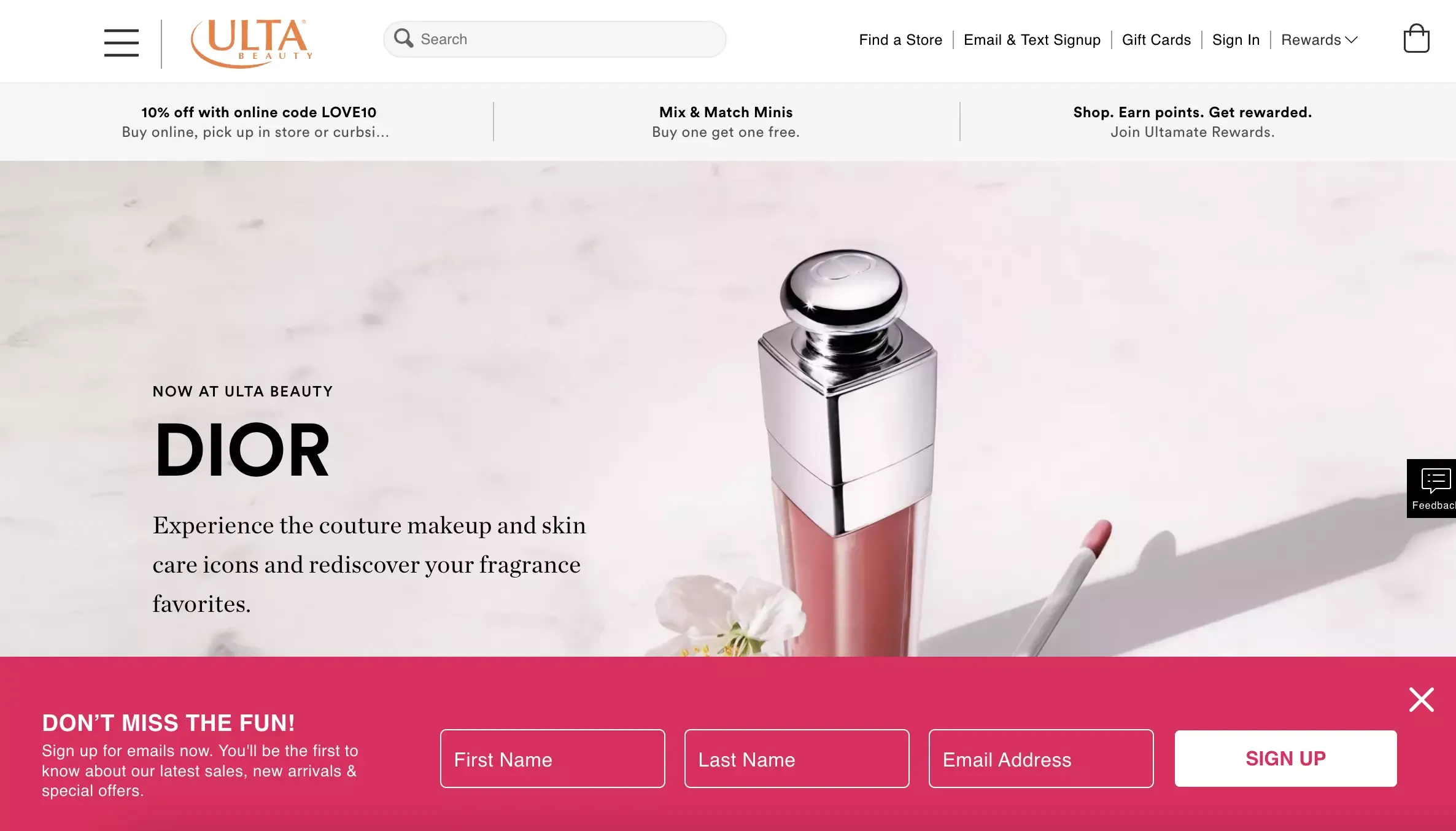 Ulta Beauty popup email bar