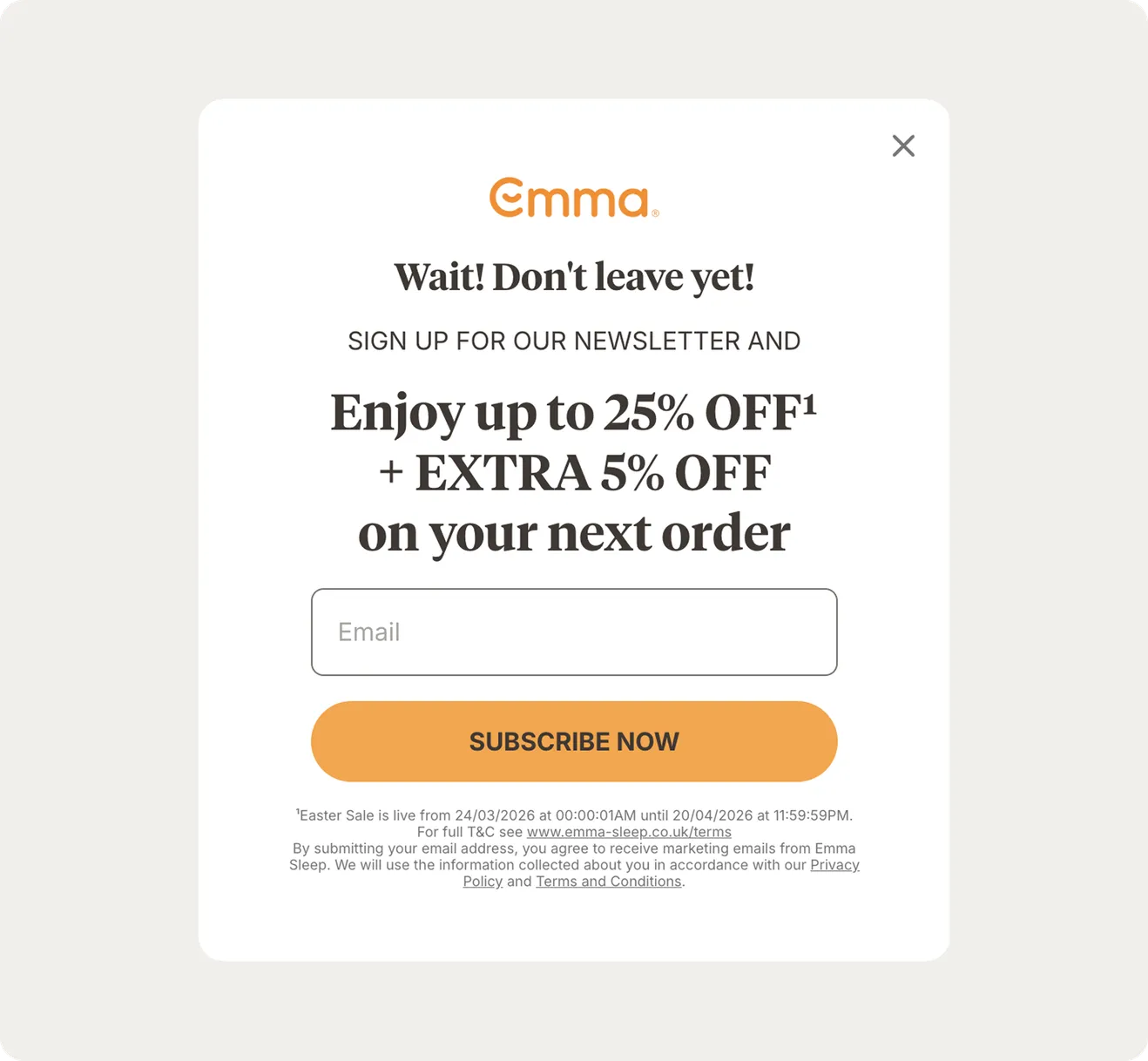 Emma Sleep exit-intent popup with a single email field