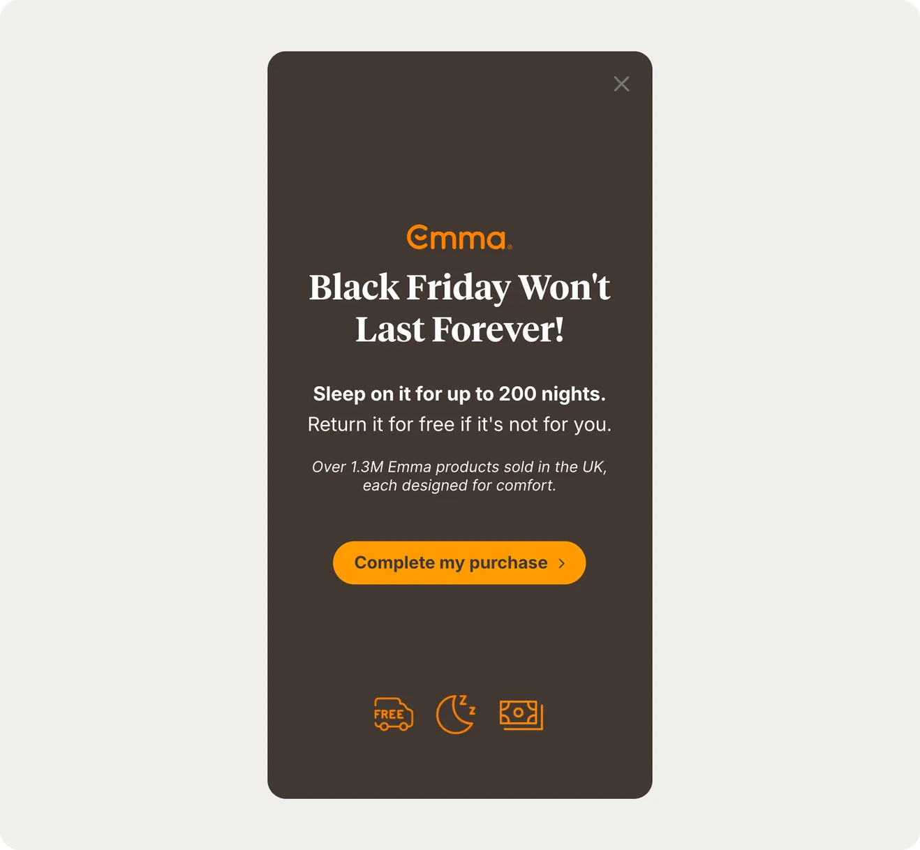 Emma Sleep cart page reassurance popup