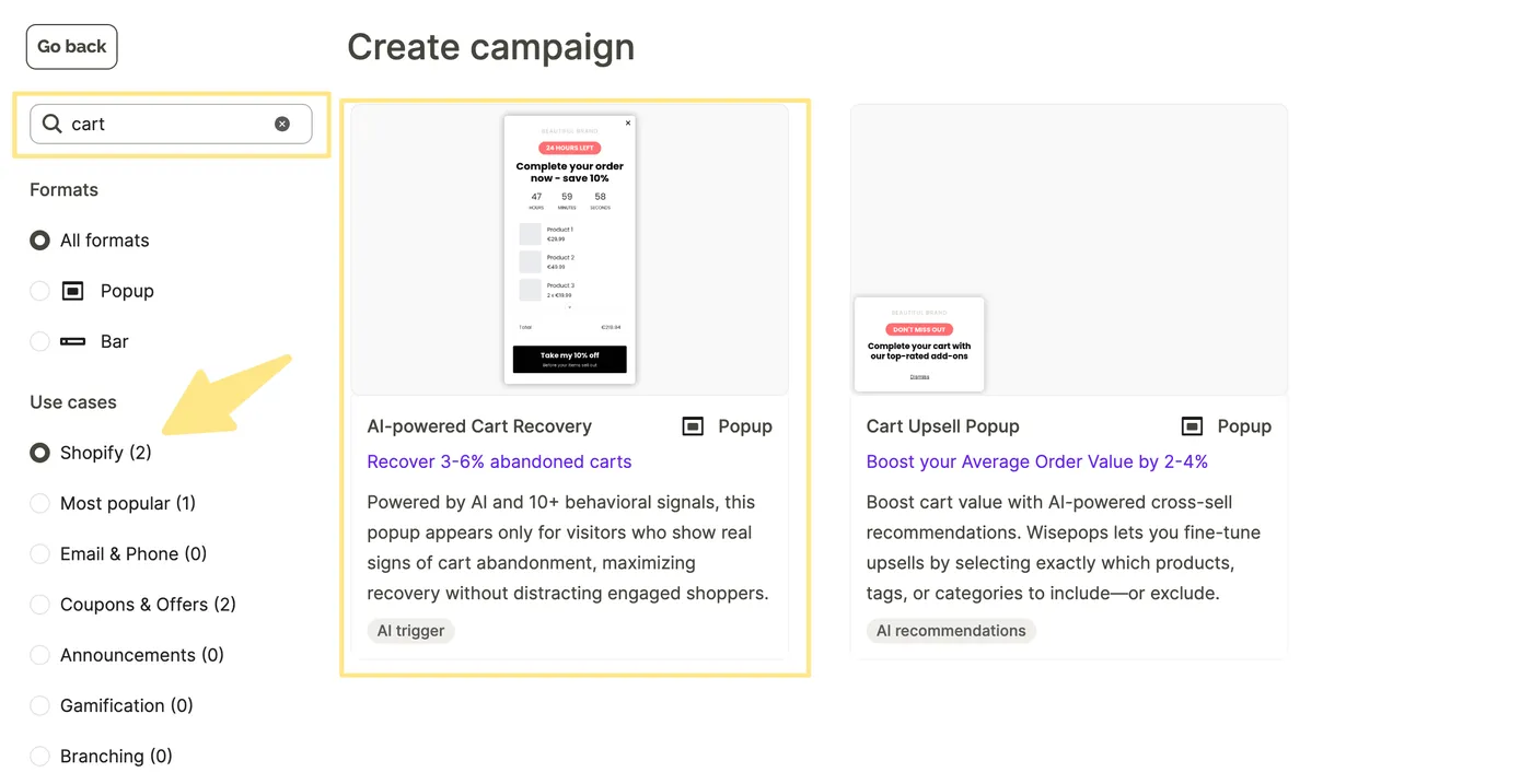 The AI cart recovery template in the Shopify category