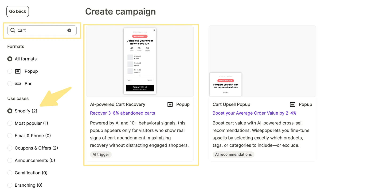 The AI cart recovery template in the Shopify category