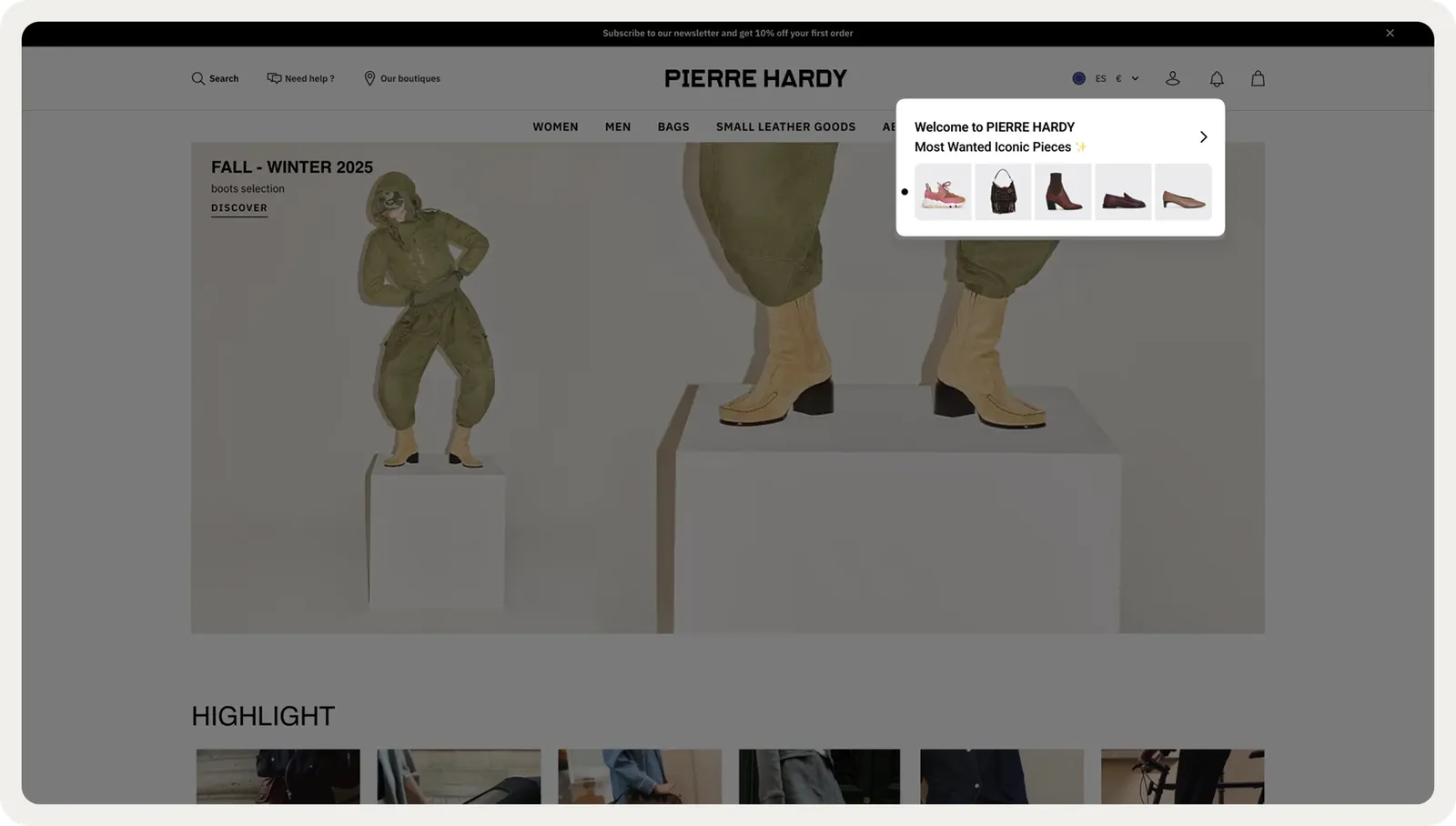 Best sellers recommendation shown to new visitors in the Pierre Hardy onsite feed