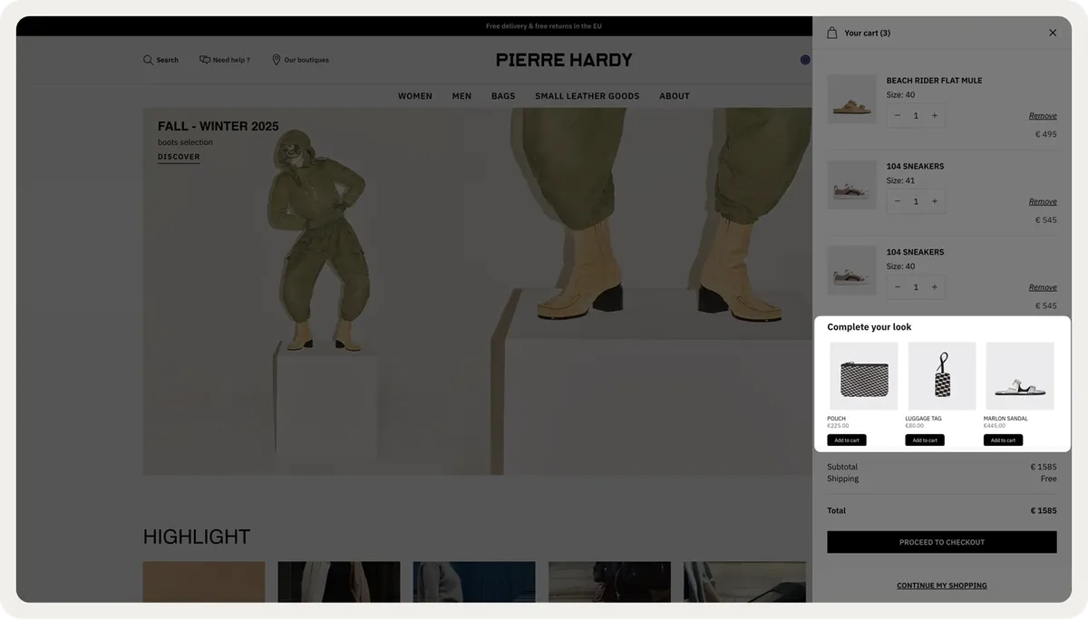 Complementary product recommendations next to the product in view
