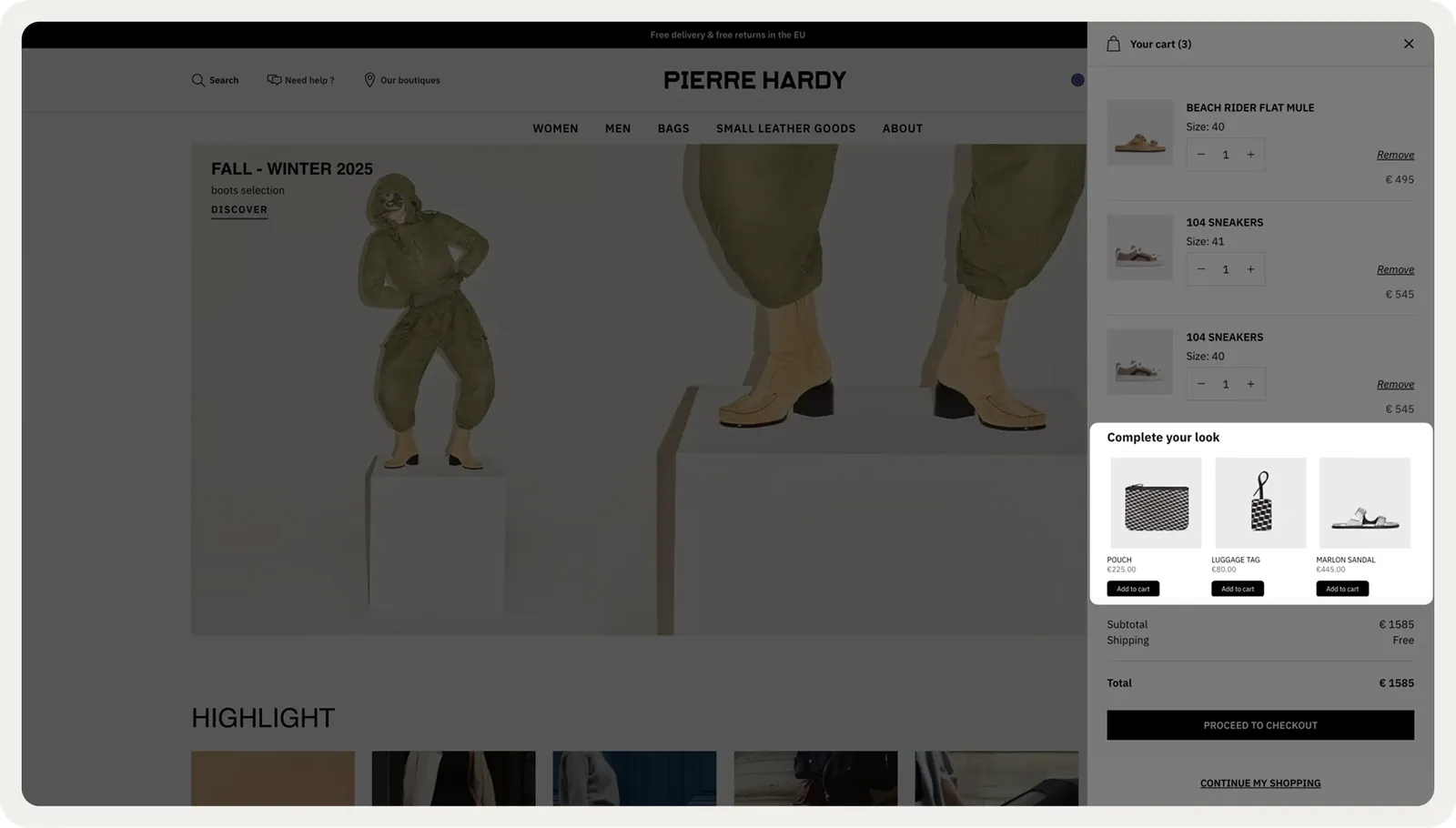 Complete your look recommendations embedded beside the Pierre Hardy cart