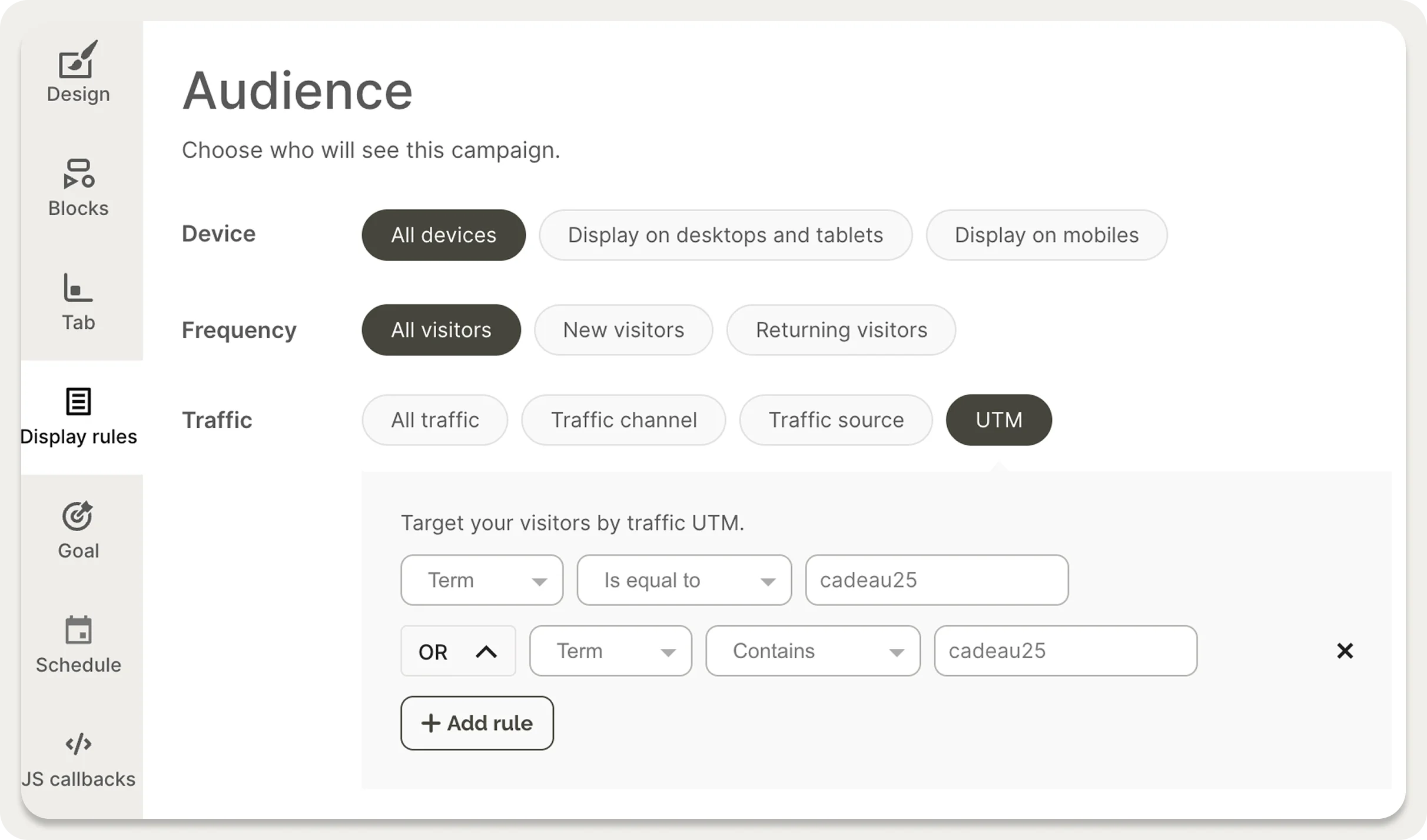 Screenshot of a campaign audience settings panel with options for device type, visitor frequency, and UTM targeting rules.