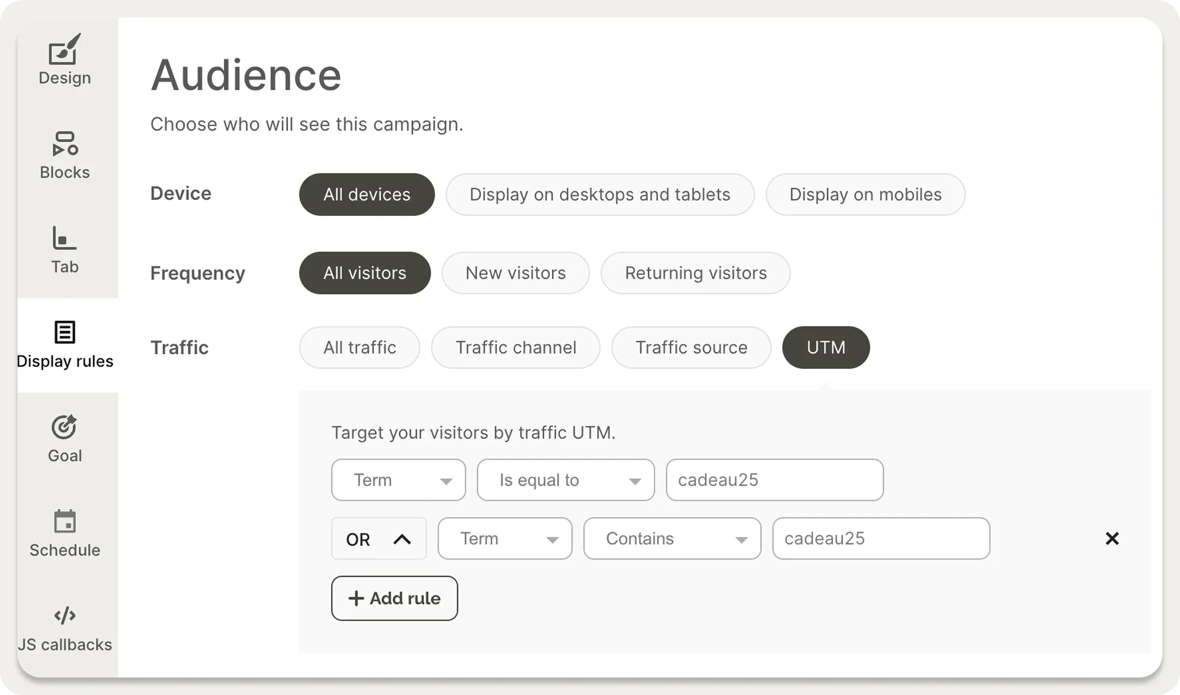 Screenshot of a campaign audience settings panel with options for device type, visitor frequency, and UTM targeting rules.
