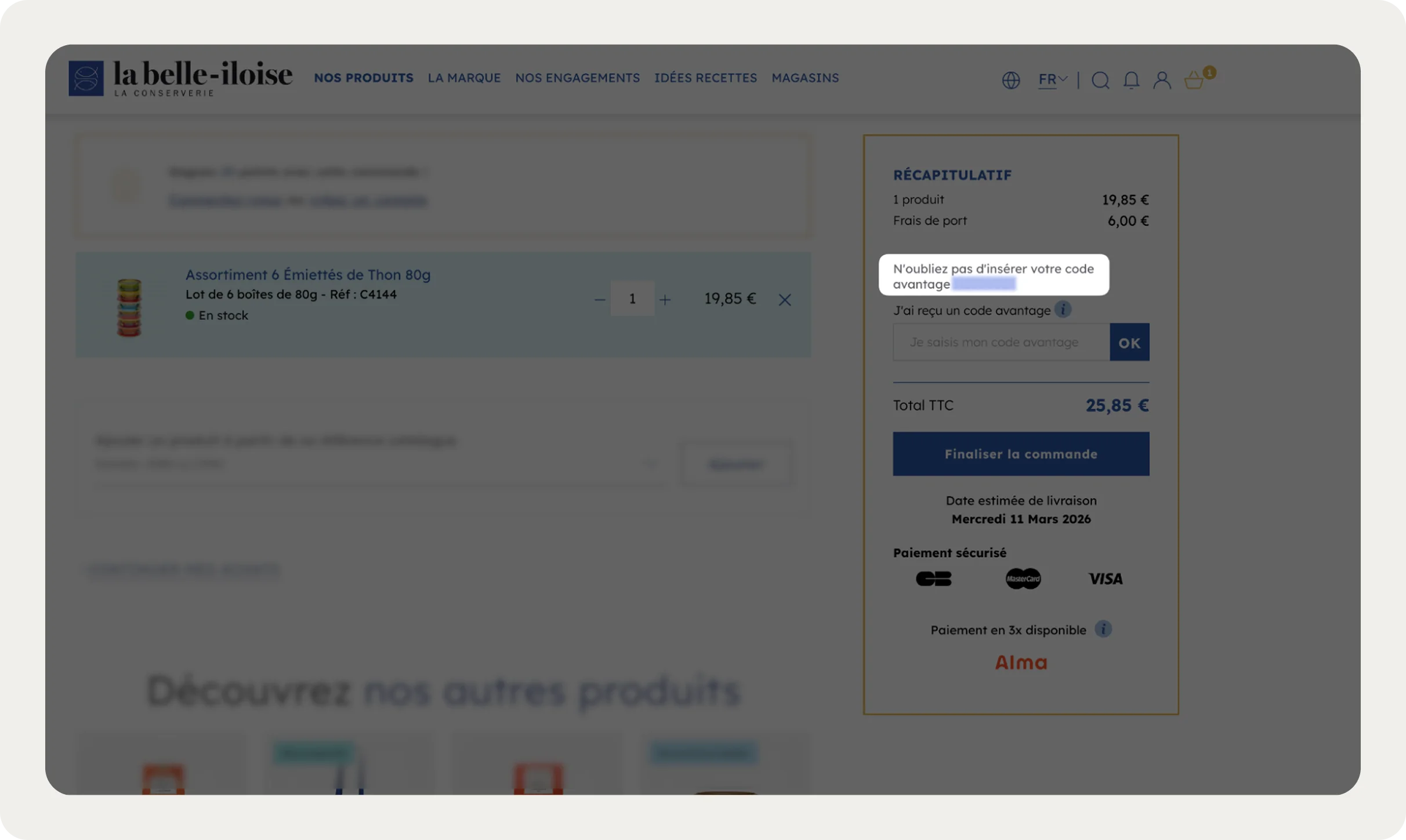 Checkout page showing an item priced at 19.95€, with total 25.85€. Options for discount code entry and payment methods Visa and Mastercard are visible.