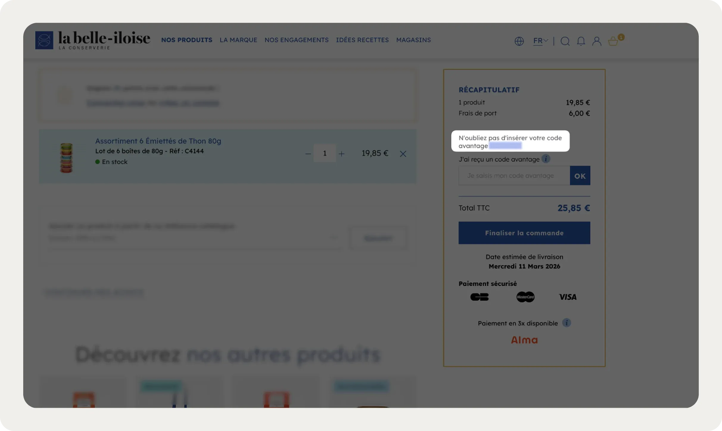 Checkout page showing an item priced at 19.95€, with total 25.85€. Options for discount code entry and payment methods Visa and Mastercard are visible.