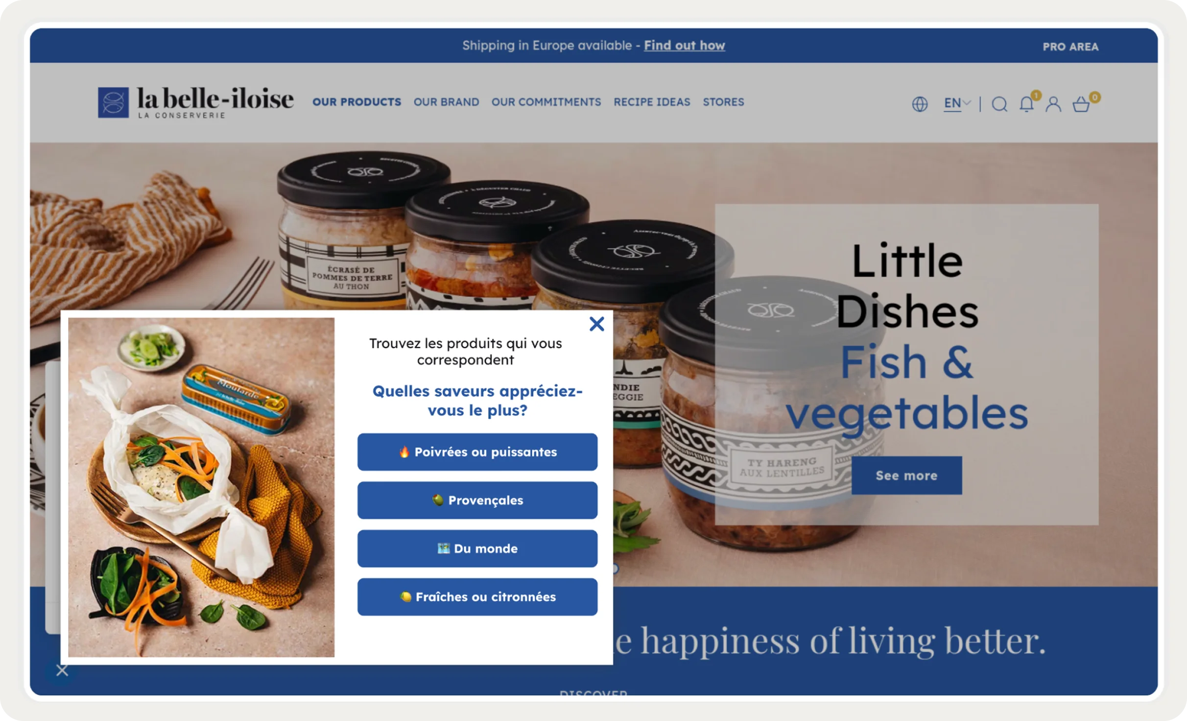 Alt text: Website of "la belle-iloise" featuring jars of fish products and a pop-up survey about preferred flavors.