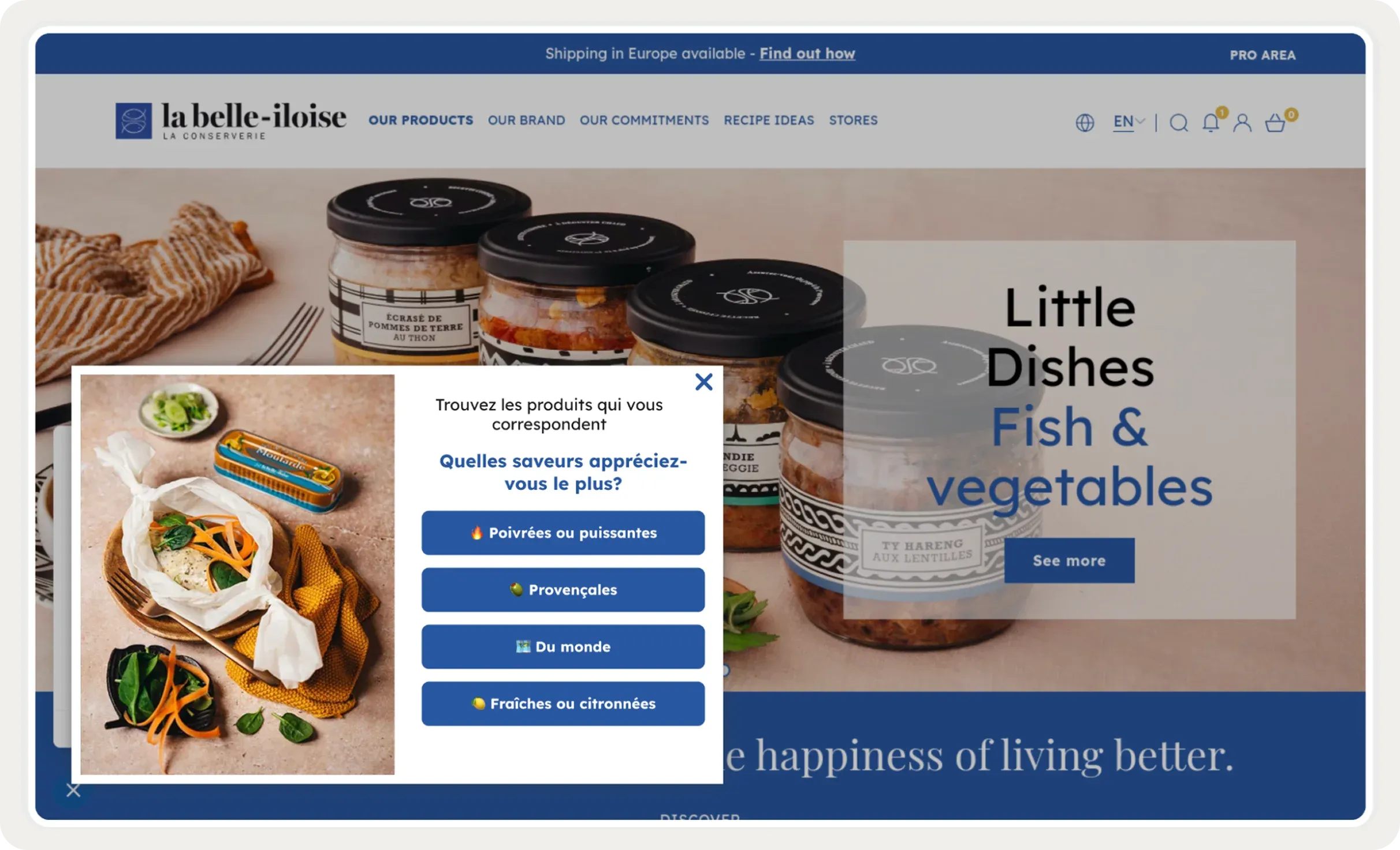 Alt text: Website of "la belle-iloise" featuring jars of fish products and a pop-up survey about preferred flavors.