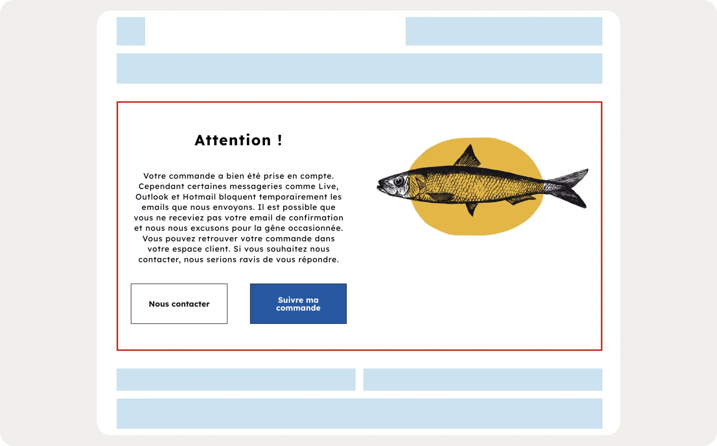 Alert message explaining email issues and offering buttons for contact and order tracking, in French.