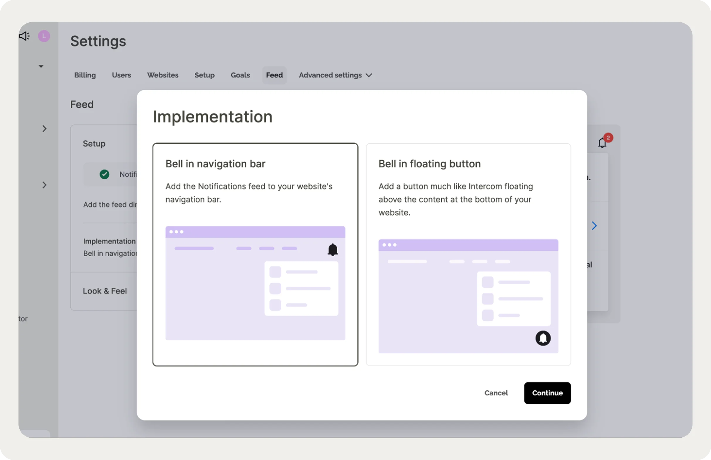 Settings page showing two implementation options: "Bell in navigation bar" and "Bell in floating button," each with illustrative diagrams.